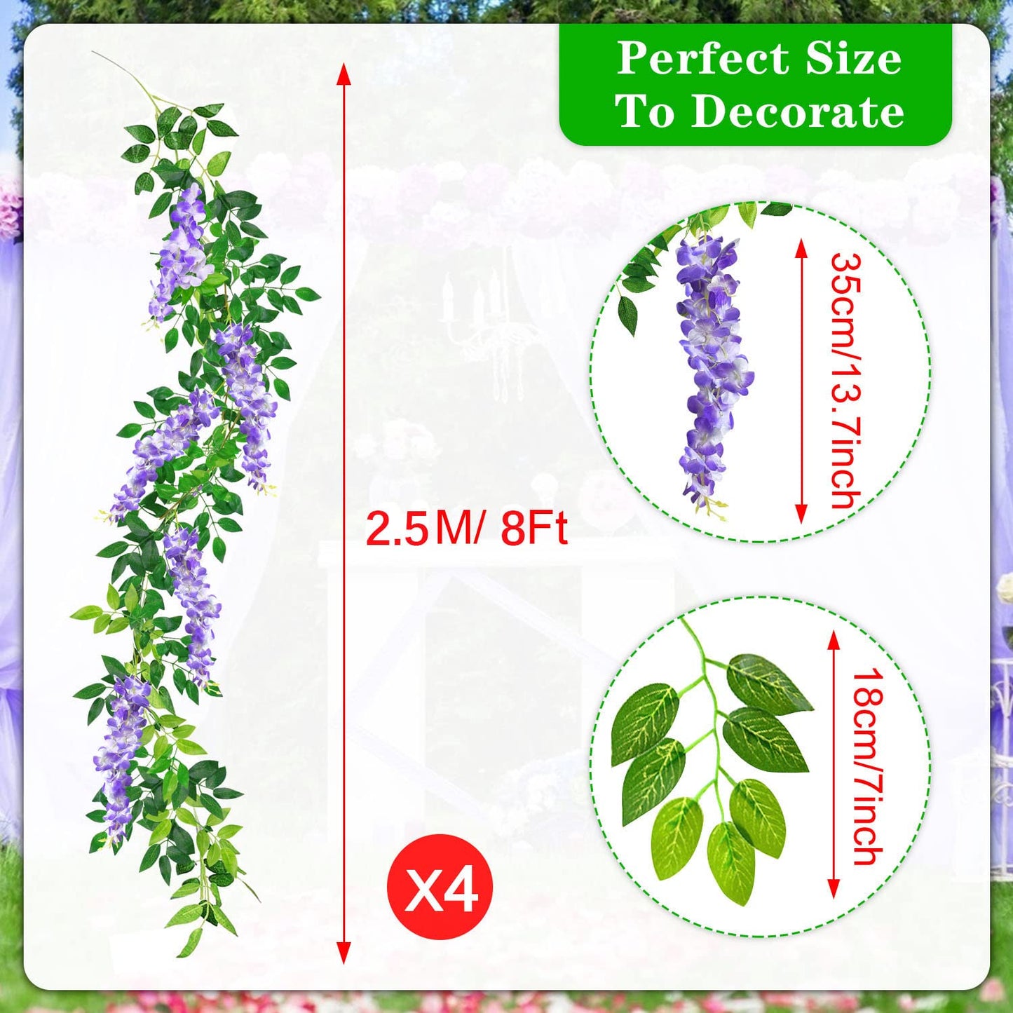 MOTONG Artificial Vine Flowers Decoration, 4Pcs (8FT/2.5M/piece) Artificial Wisteria Vines Garland Plants Flowers Arts For Ceremony Home Garden Wedding Party Decors (4Pcs Purple)
