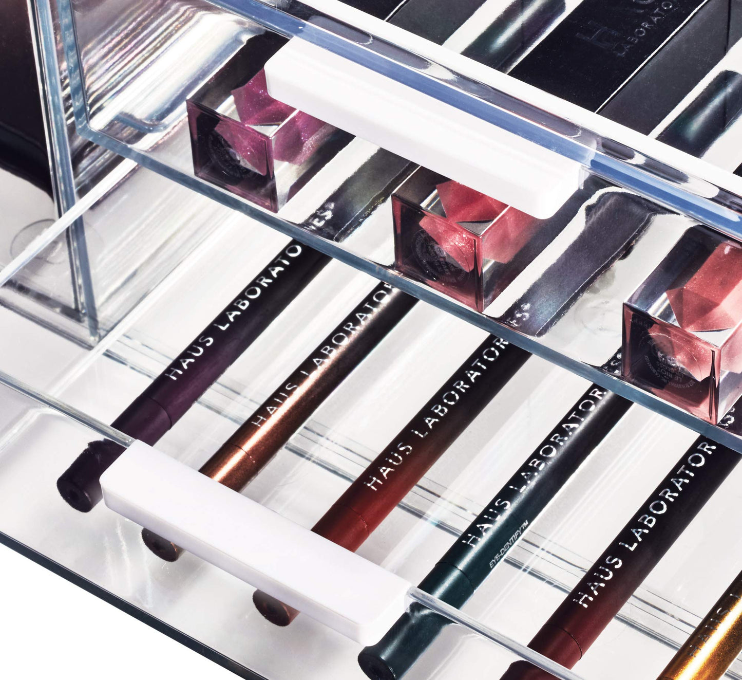 iDesign Storage Drawer from the Signature Series by Sarah Tanno, Rectangular PET Makeup Tray for Beauty Products, Cosmetic Organiser System, Clear/Matte White, 10.2 cm x 20.3 cm x 5 cm