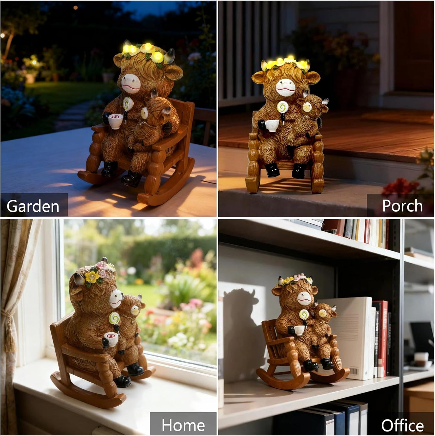 Highland Cow Garden Ornaments Outdoor- Solar Highland Cow Ornaments Statues Mother and Child on Rocking Chair, Garden Decor with Luminous Flowers for Yard, Lawn, Patio, Home, Birthday Gifts for Women