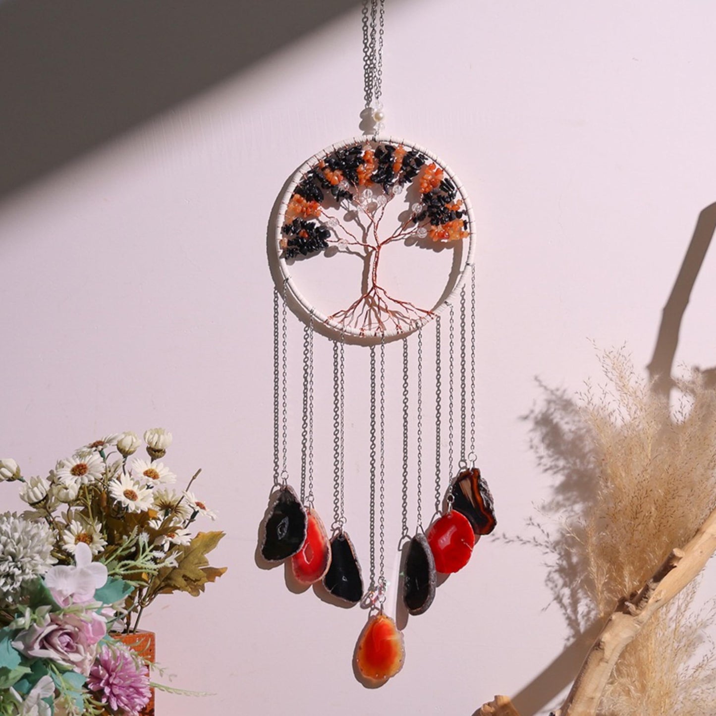 Moon Crystals Tree of Life Dream Catchers,Natural Gem Agate Wall Hangings for Windows Garden Home Décor (New moon shape)