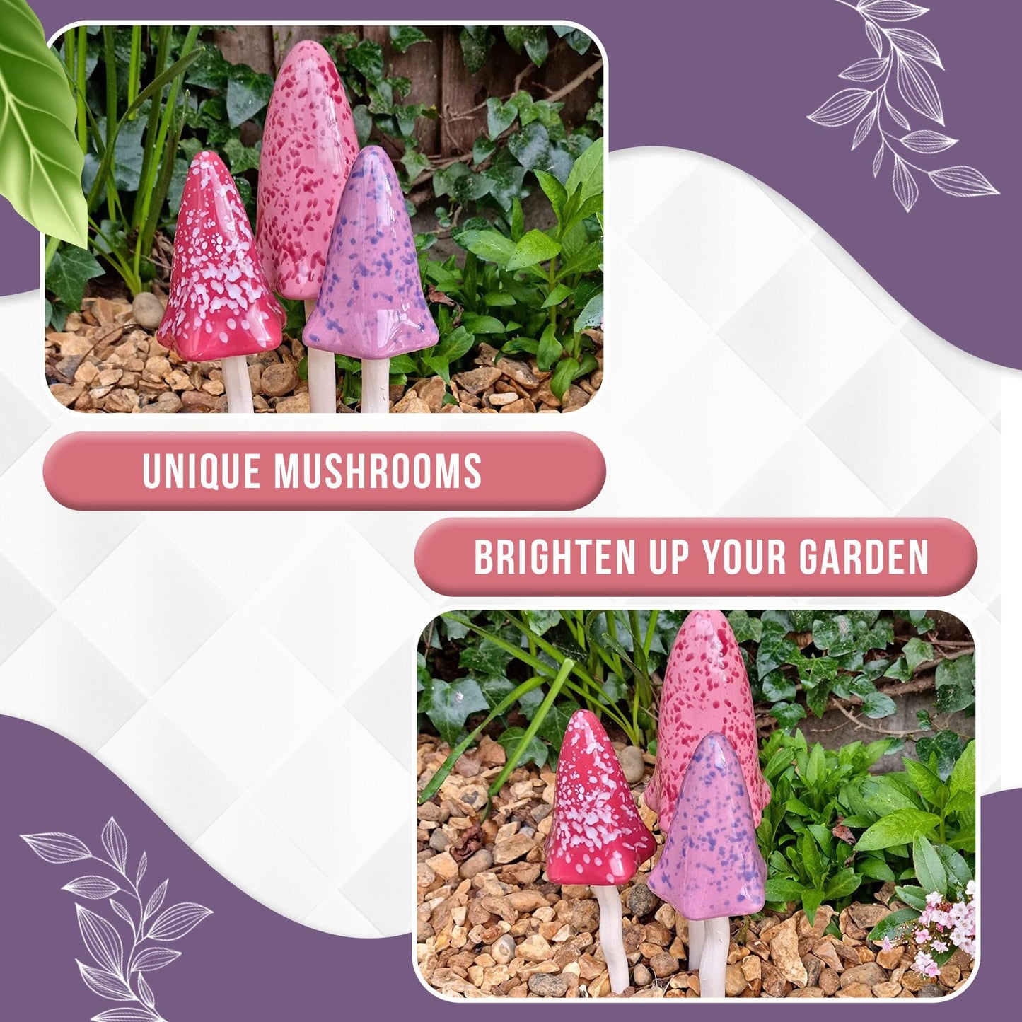 HH Home Hut Tinkling Ceramic Toadstools - Colourful Garden Ornaments, Mushrooms Plant Pot Set of 3 Outdoor Decor, Kids Gardening Set Fairy Garden Large Accessory (Yellow, Red, Orange)