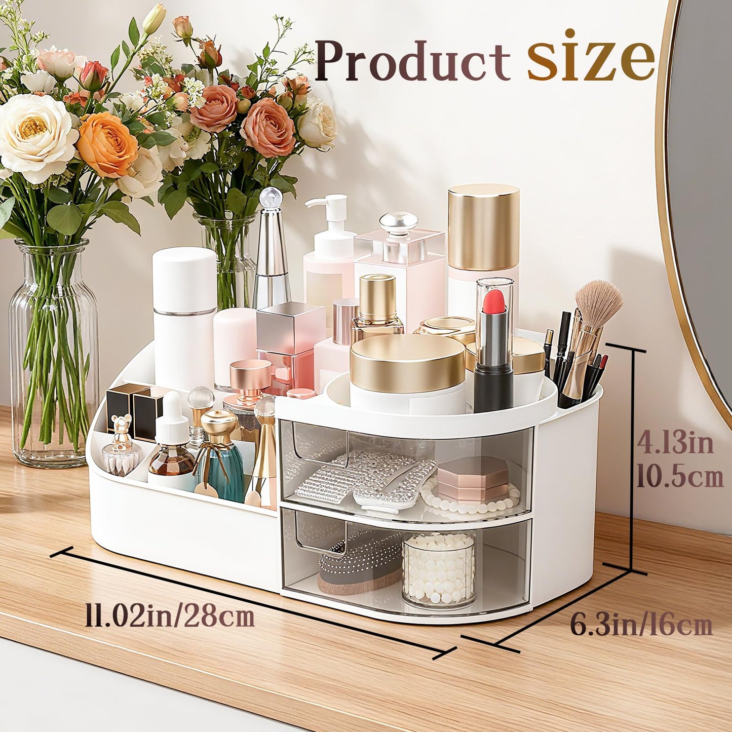 Makeup Organiser, Large Capacity Cosmetic Organisers for Beauty Skincare Jewelry, Make Up Storage Cosmetic Dressing Table Organiser Makeup Box with Drawer for Bedroom Bathroom Dresser Office (White)
