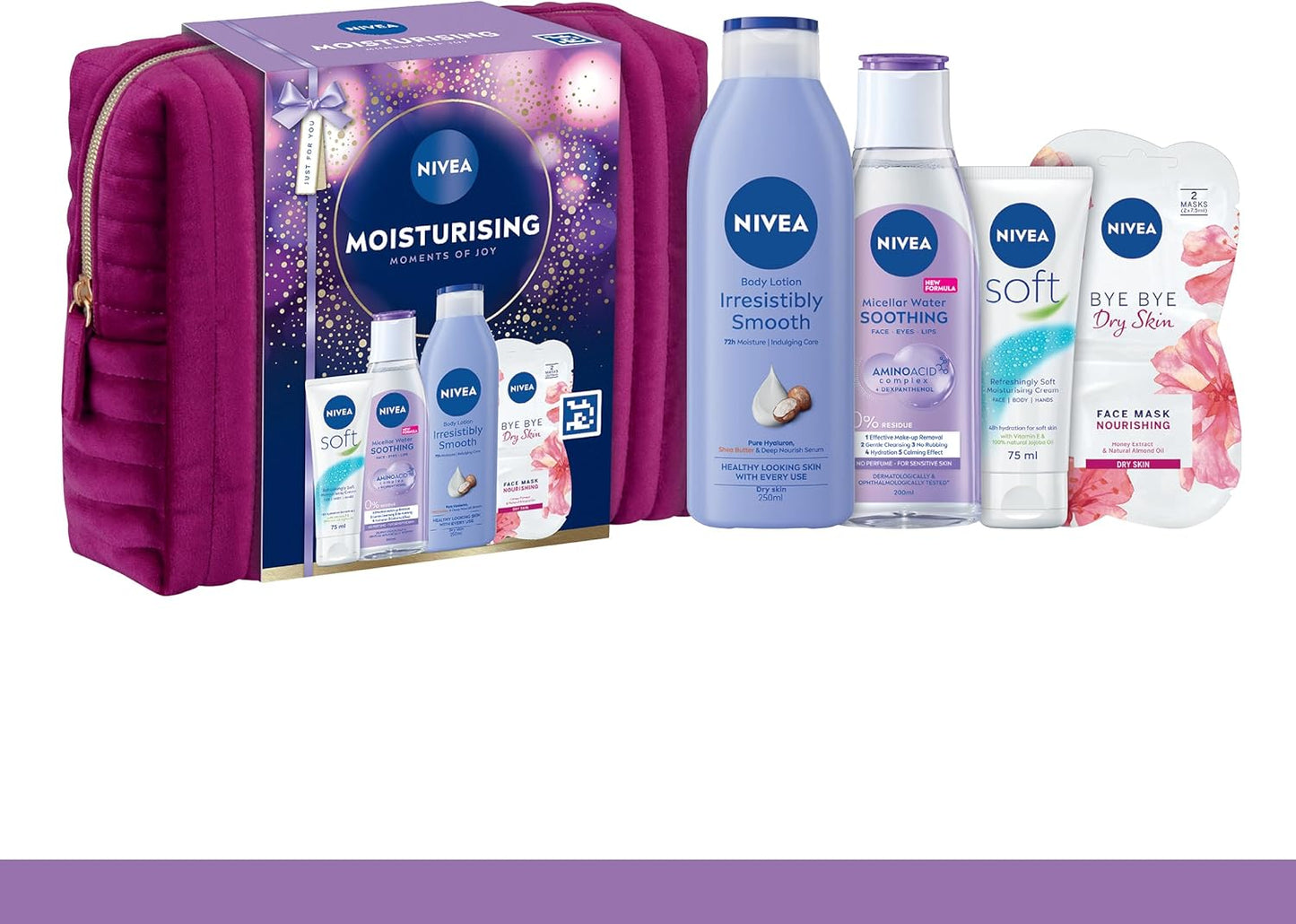 NIVEA Moisturising Moments Of Joy Gift Set (5 Products) – Women's Gift Set – Includes Body Lotion, Face Sheet Mask, Moisturising Cream and Micellar Water – with Cosmetic Bag