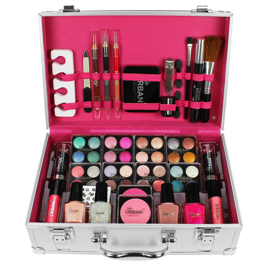 LOVE URBAN BEAUTY Dazzling Makeup Case – 60-Piece Makeup and Nail Set for Teenagers – Elegant Silver Box – Compact and Lightweight Design – Travel-Friendly Women’s Makeup Set