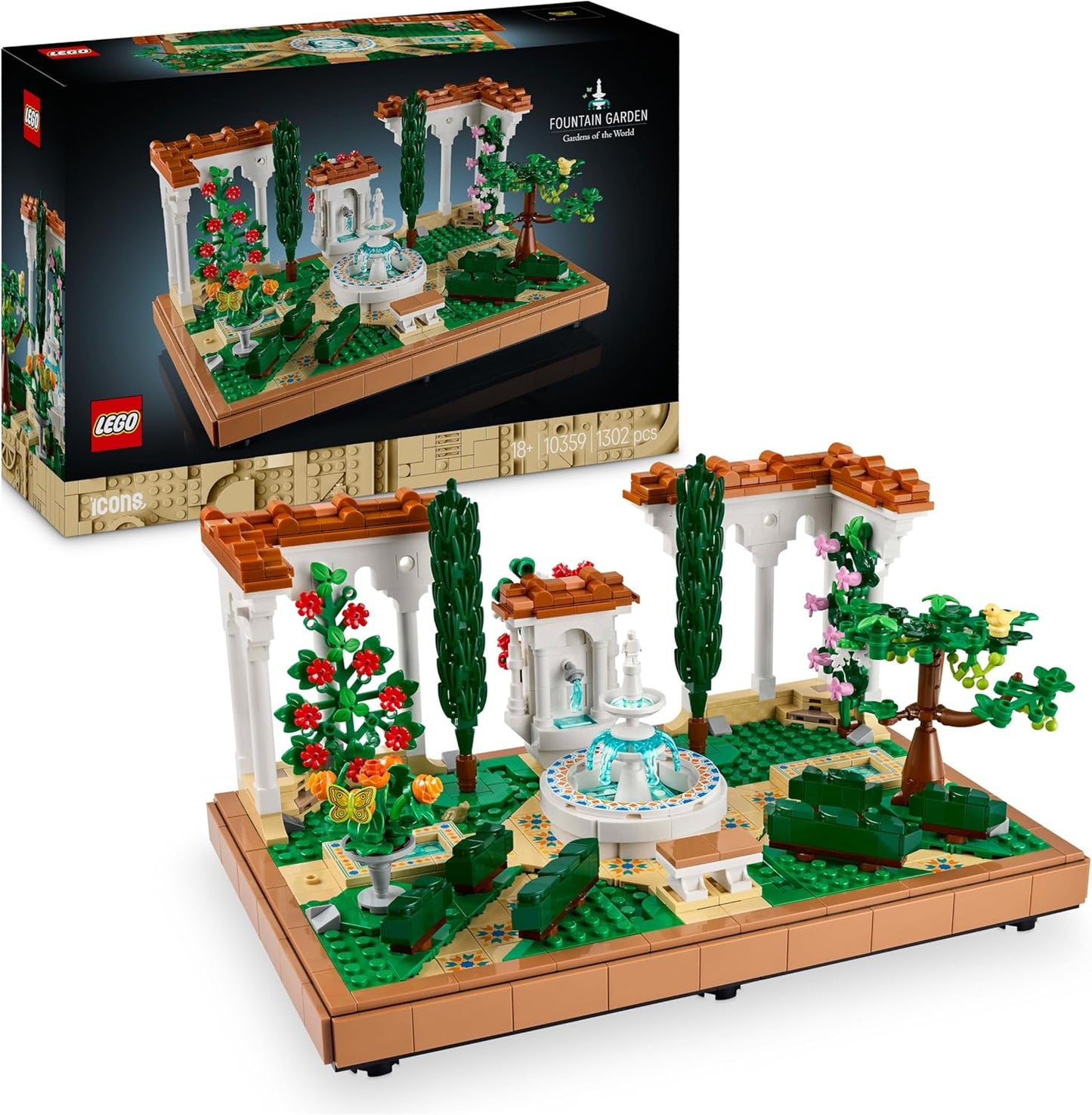 LEGO Icons Fountain Garden Building Set, Home and Office Decor Model Kit for Adults to Build, with Cypress Trees, Grapevines, Flowers and Animal Figures, Gifts for Women & Men 10359