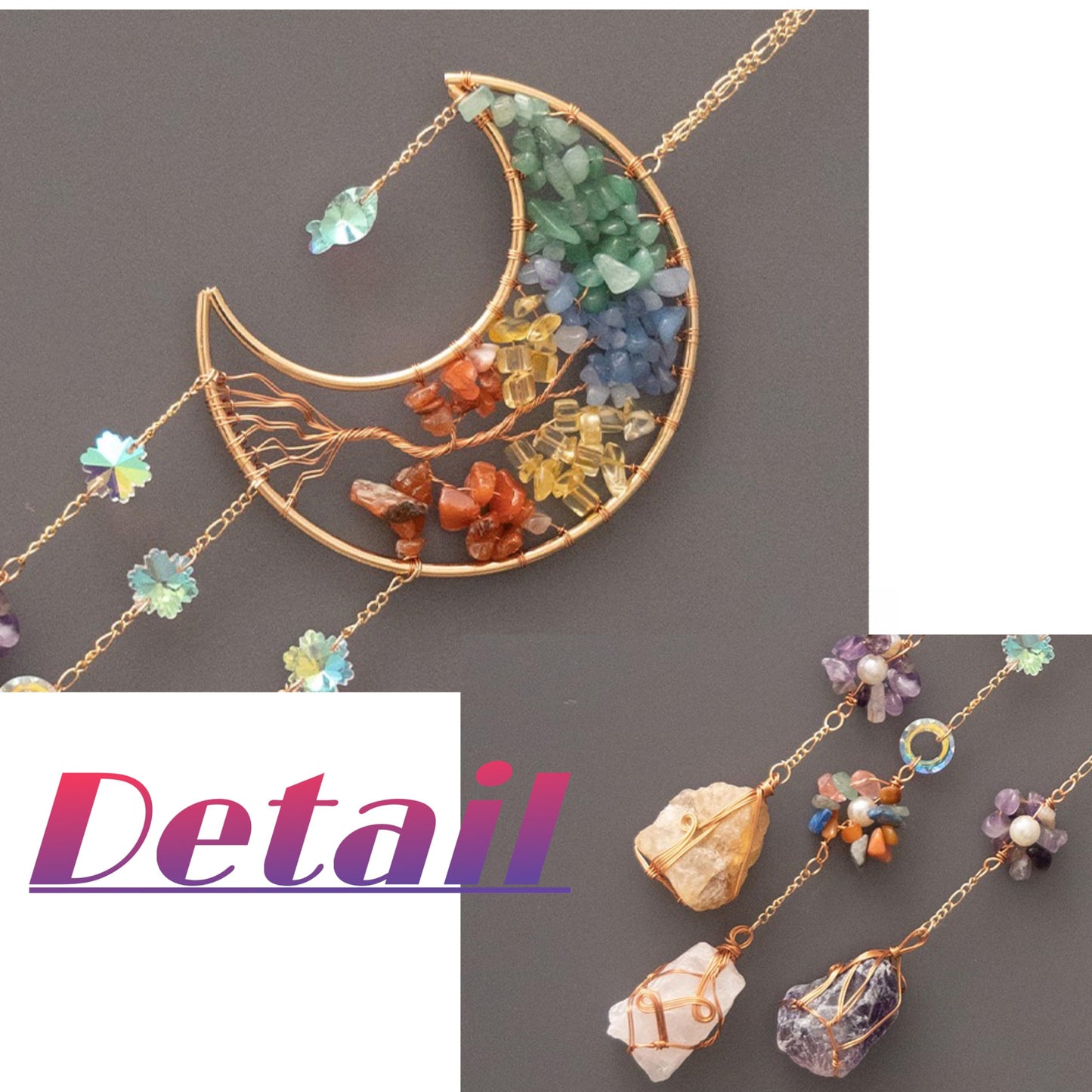 Moon Crystals Tree of Life Dream Catchers,Natural Gem Agate Wall Hangings for Windows Garden Home Décor (New moon shape)