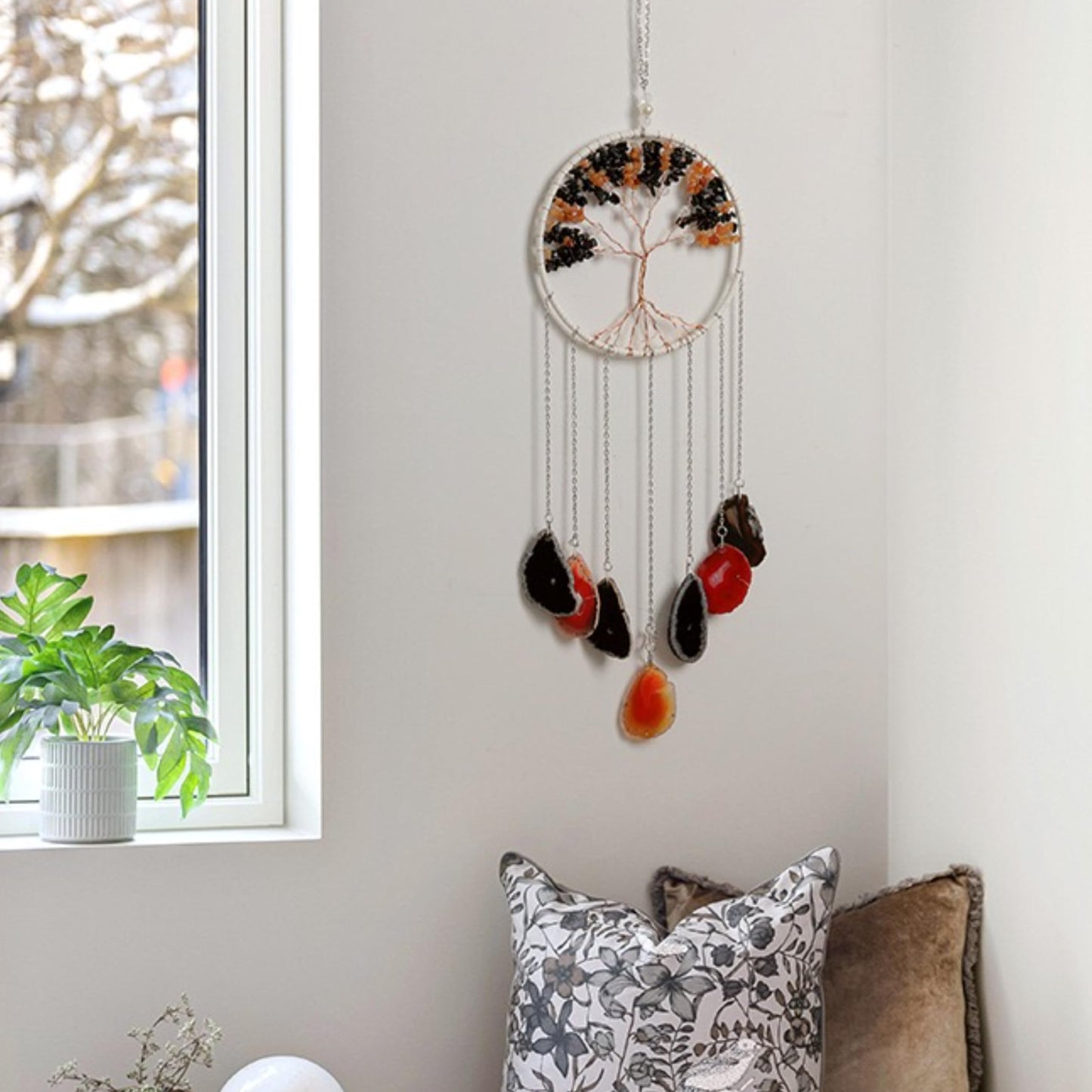 Moon Crystals Tree of Life Dream Catchers,Natural Gem Agate Wall Hangings for Windows Garden Home Décor (New moon shape)