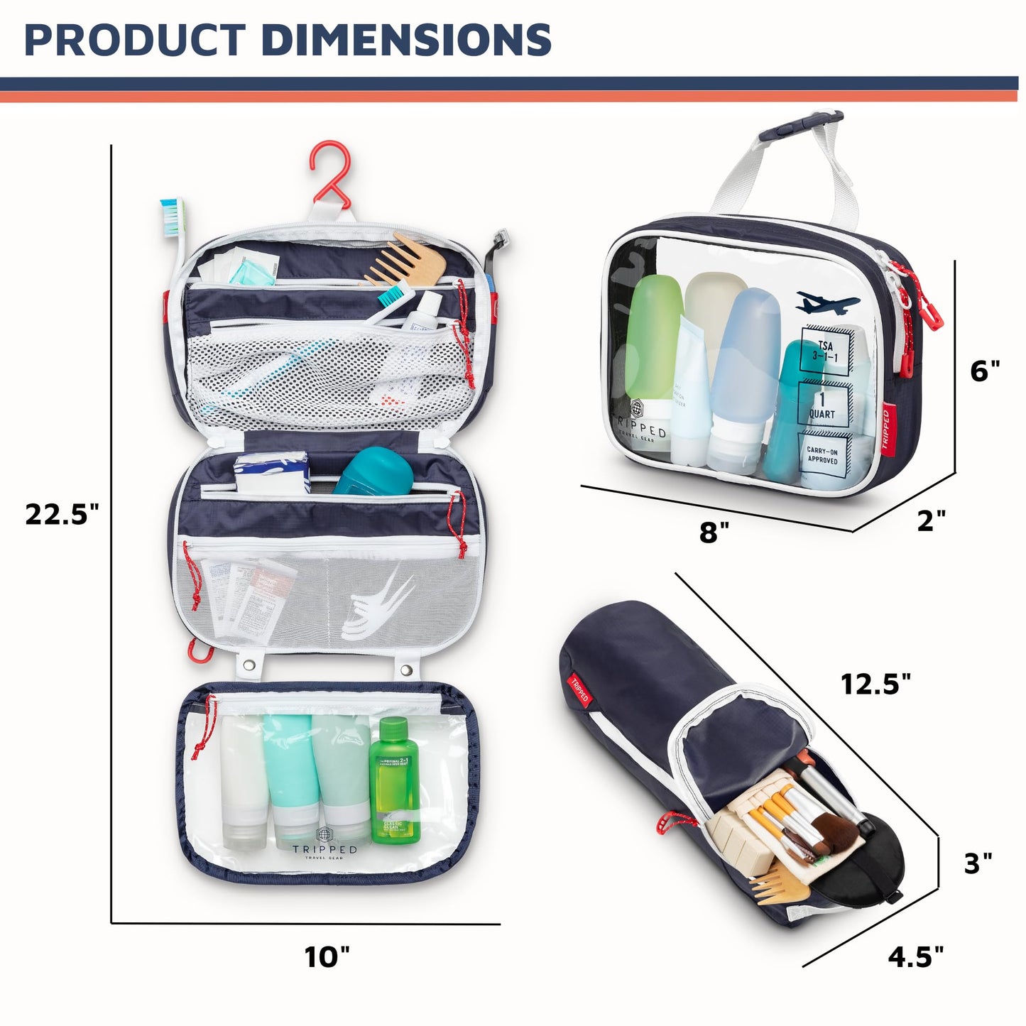 Toiletry Bag Kit Set: Hanging Travel Toiletry Bag + 311 TSA Cosmetic Liquid Bag + Ultralight Accessory Organizer Pouch, Navy, 3 Piece Toiletry Set