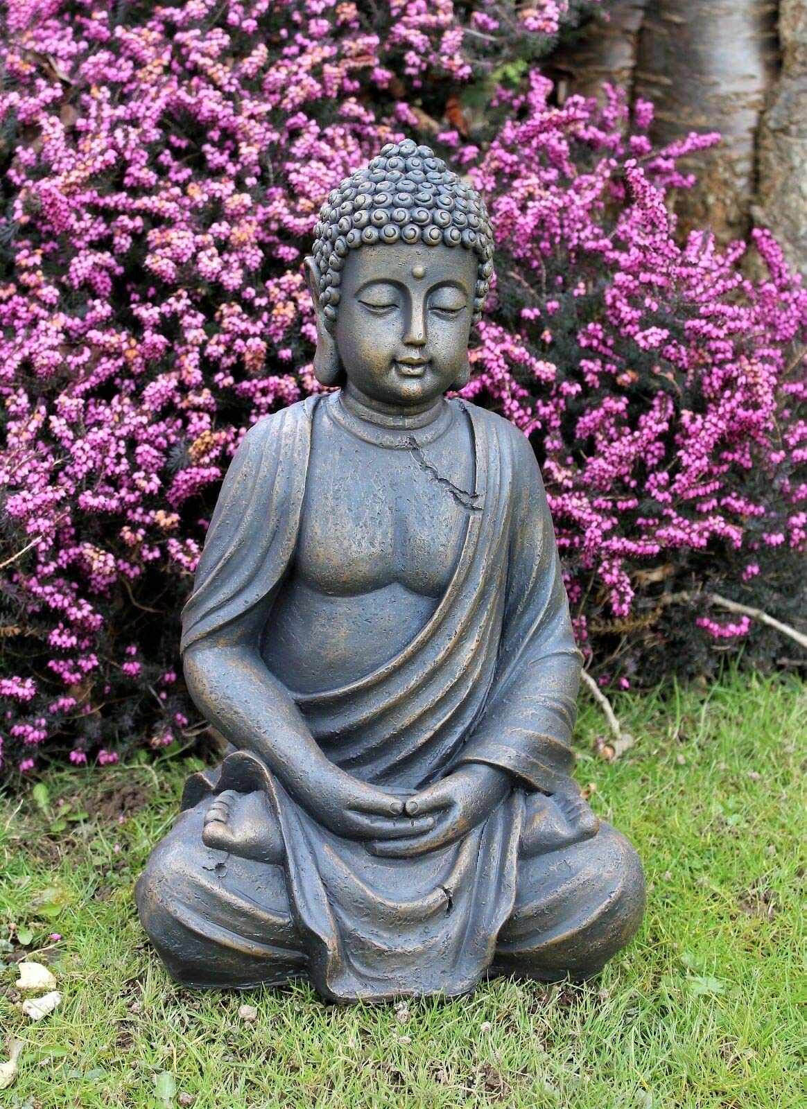 Sitting Buddha Garden Ornament Outdoor Statue Indoor Home Decor Bronzed Effect Figurine Table top Thai Meditating Décor Zen Weather Resistant 25cm Tall