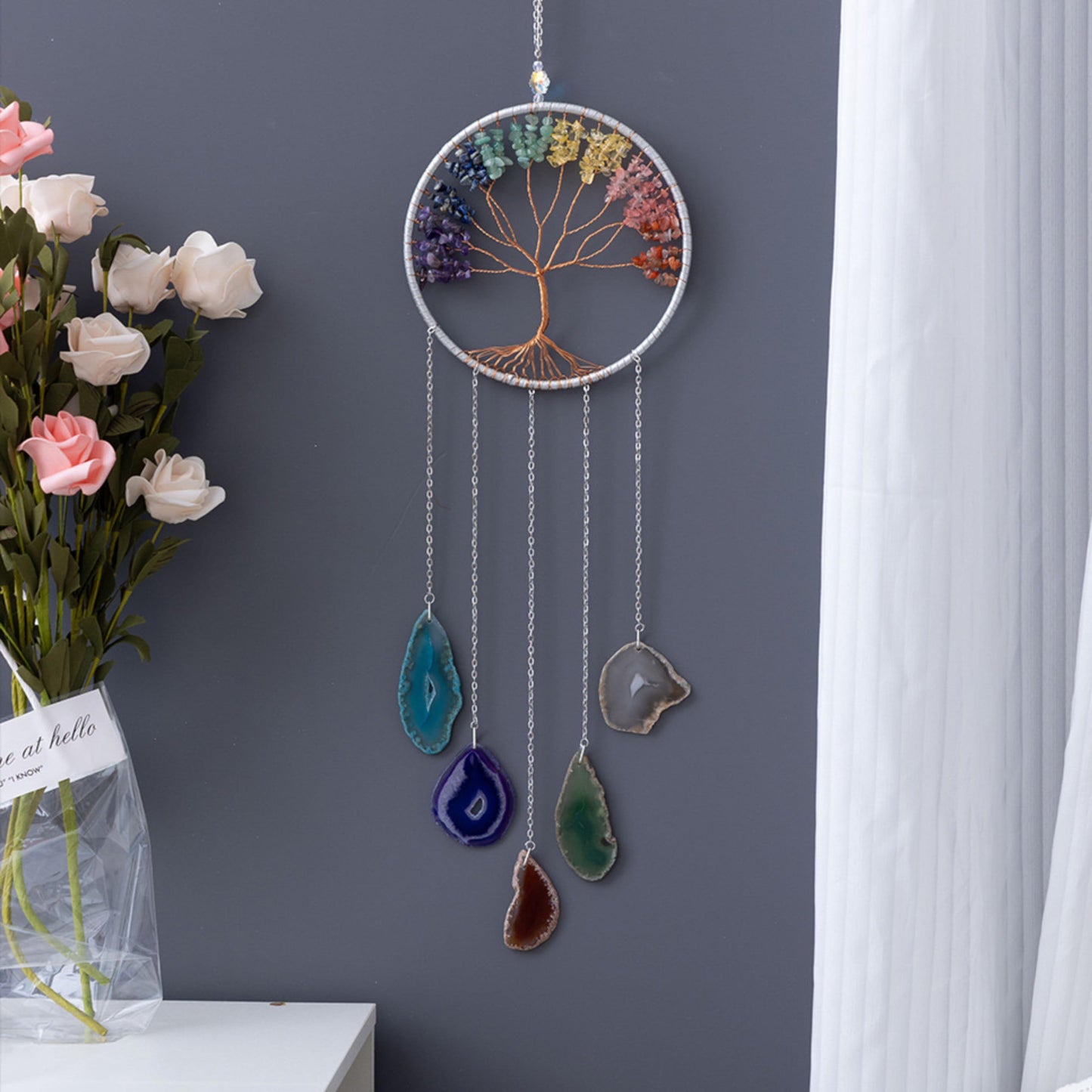 Moon Crystals Tree of Life Dream Catchers,Natural Gem Agate Wall Hangings for Windows Garden Home Décor (New moon shape)