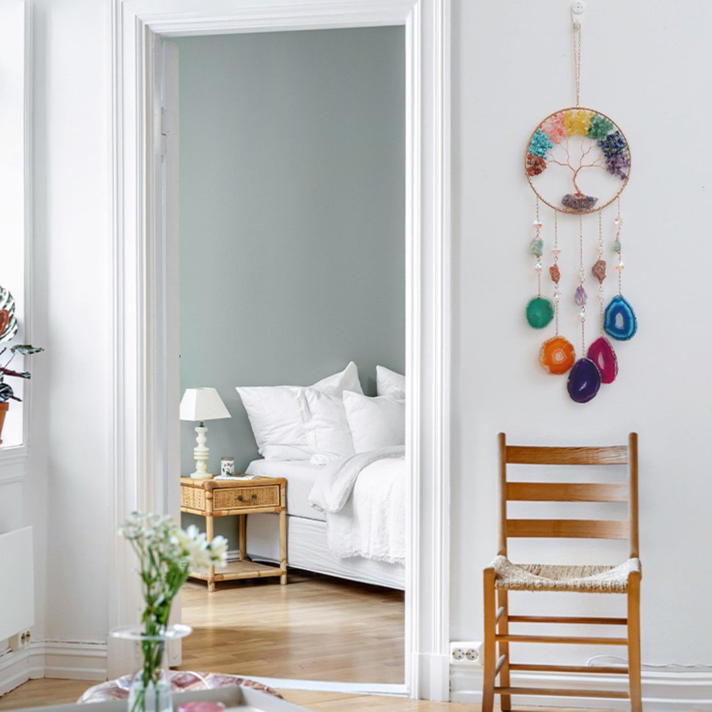 Moon Crystals Tree of Life Dream Catchers,Natural Gem Agate Wall Hangings for Windows Garden Home Décor (New moon shape)