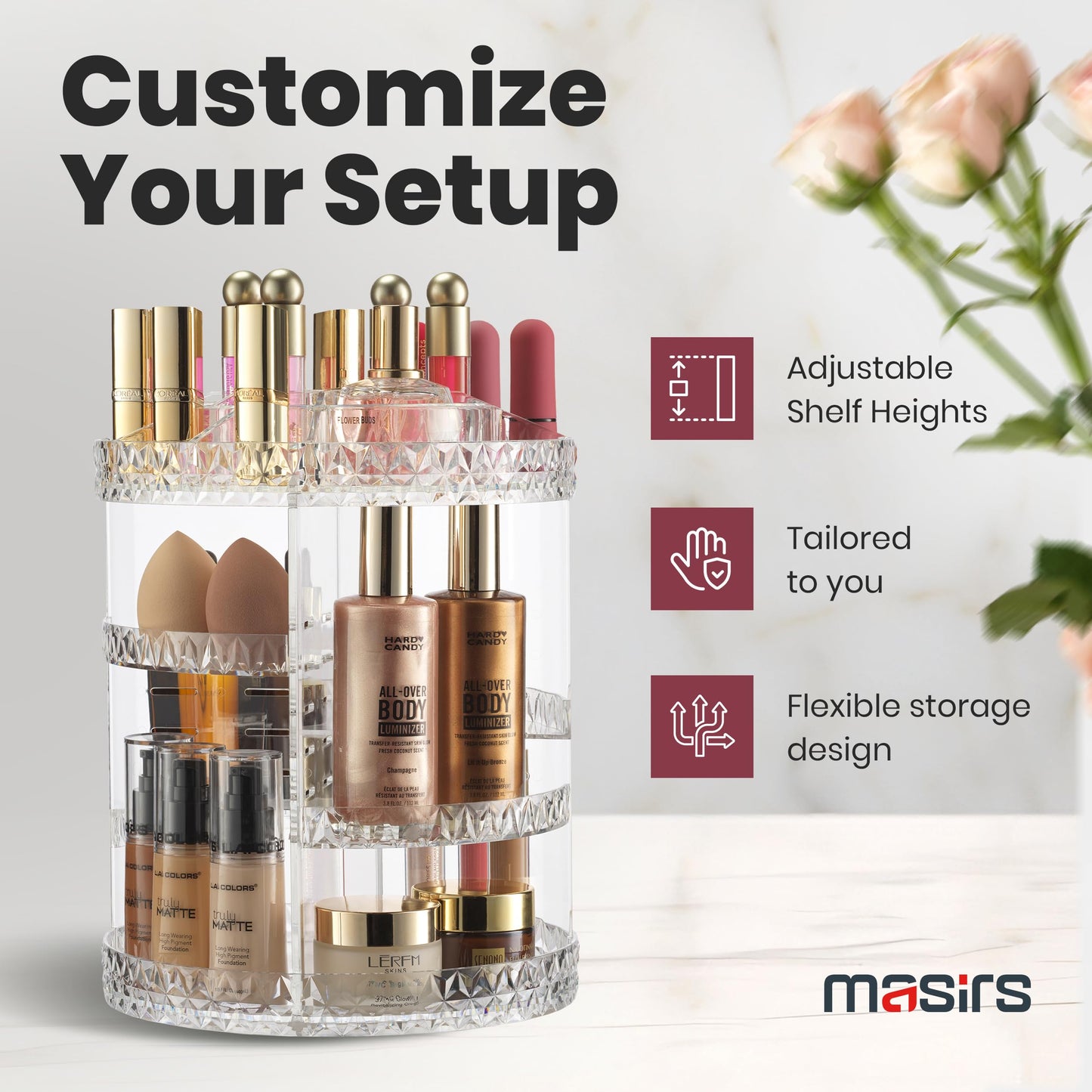 360 Rotating Makeup Organizer - Adjustable Shelf Height and Fully Rotatable. The Perfect Cosmetic Organizer for Bedroom Dresser or Vanity Countertop. (Black)