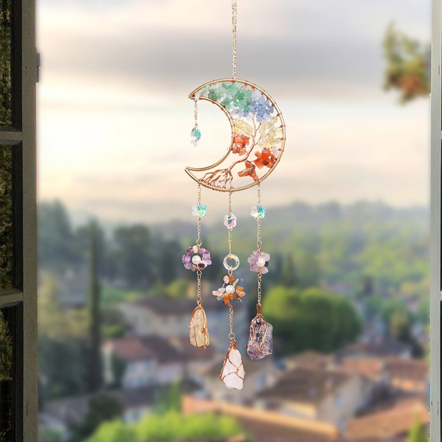 Moon Crystals Tree of Life Dream Catchers,Natural Gem Agate Wall Hangings for Windows Garden Home Décor (New moon shape)
