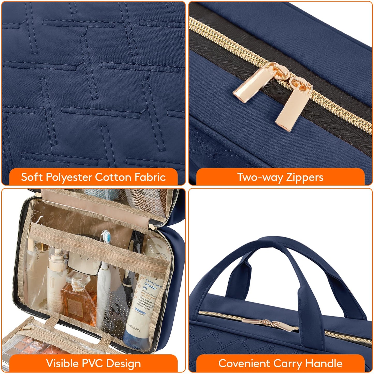 Lifewit Travel Toiletry Bag, Large Hanging Makeup Bag Organizer for Women, Transparent Travel Cosmetic Bag with Hanging Hook for Full Size Bottles, Vacation Essentials, Medium,Dark Blue