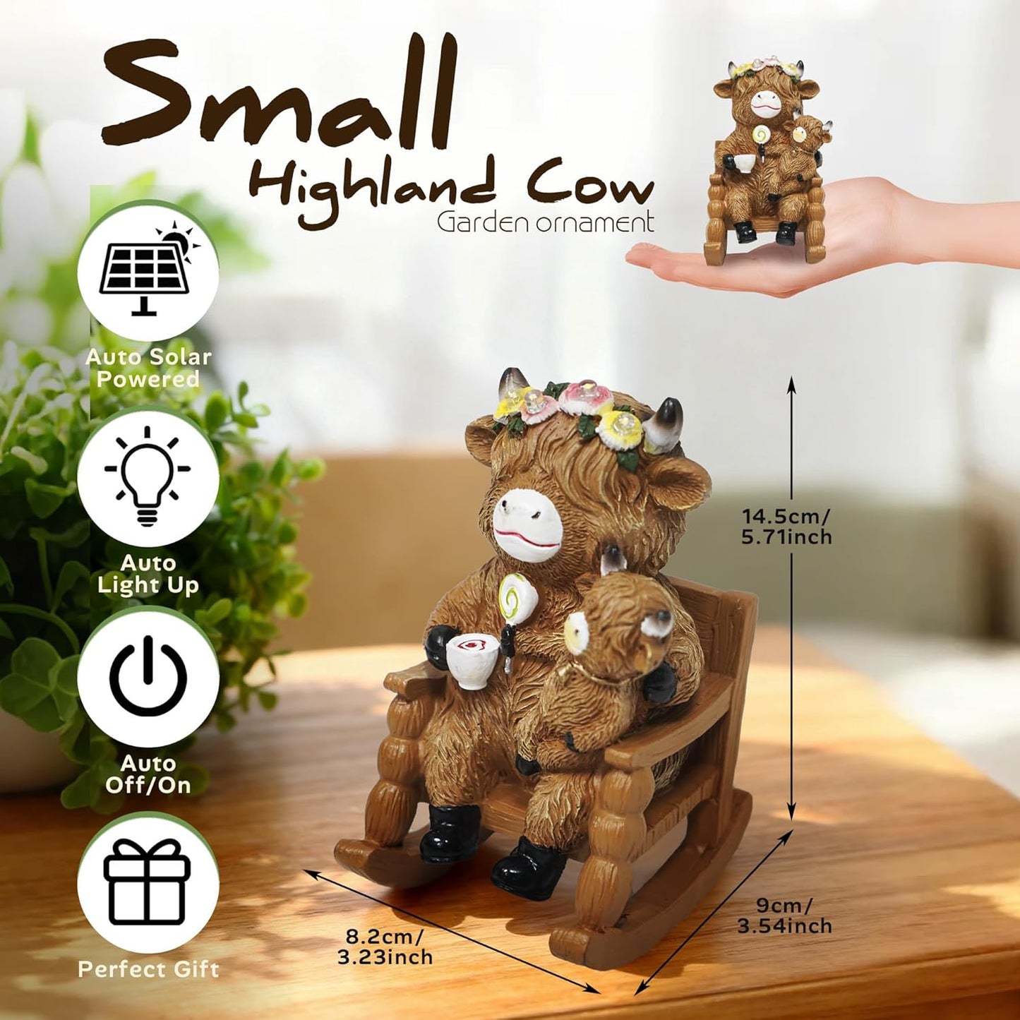 Highland Cow Garden Ornaments Outdoor- Solar Highland Cow Ornaments Statues Mother and Child on Rocking Chair, Garden Decor with Luminous Flowers for Yard, Lawn, Patio, Home, Birthday Gifts for Women