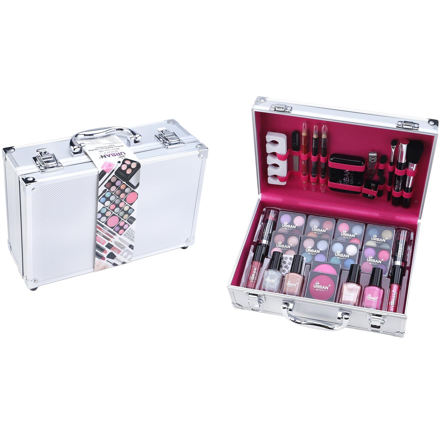 LOVE URBAN BEAUTY Dazzling Makeup Case – 60-Piece Makeup and Nail Set for Teenagers – Elegant Silver Box – Compact and Lightweight Design – Travel-Friendly Women’s Makeup Set