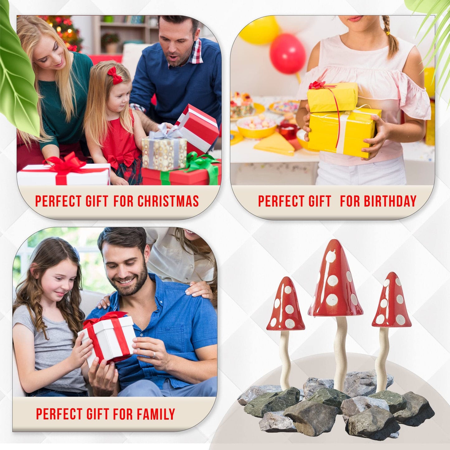 HH Home Hut Tinkling Ceramic Toadstools - Colourful Garden Ornaments, Mushrooms Plant Pot Set of 3 Outdoor Decor, Kids Gardening Set Fairy Garden Large Accessory (Yellow, Red, Orange)