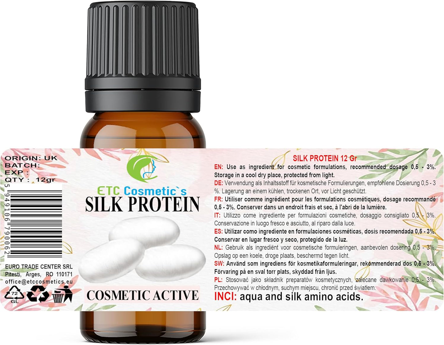 ETC Cosmetic`s Silk Protein - 12 gr - Cosmetic active - 100% Natural Origin - All type of hair and skin care products