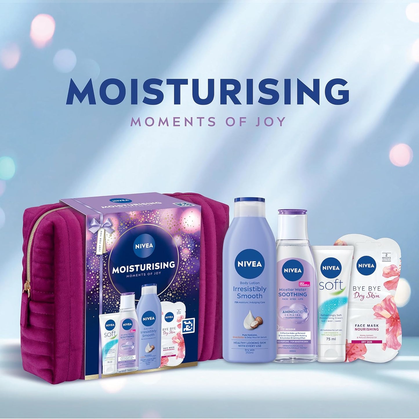 NIVEA Moisturising Moments Of Joy Gift Set (5 Products) – Women's Gift Set – Includes Body Lotion, Face Sheet Mask, Moisturising Cream and Micellar Water – with Cosmetic Bag