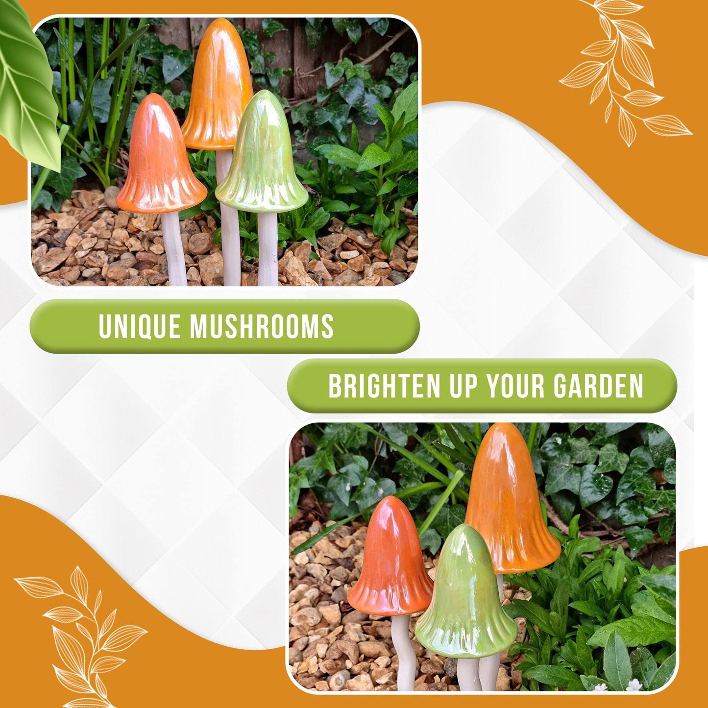 HH Home Hut Tinkling Ceramic Toadstools - Colourful Garden Ornaments, Mushrooms Plant Pot Set of 3 Outdoor Decor, Kids Gardening Set Fairy Garden Large Accessory (Yellow, Red, Orange)