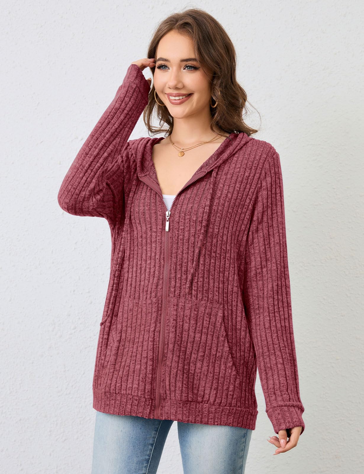 Flikity Womens Cardigans Zip Up Ladies Hoodies with Large Pockets Long Sleeve Tunic Tops Ladies Lightweight Jackets Casual Work Clothes M-XXL