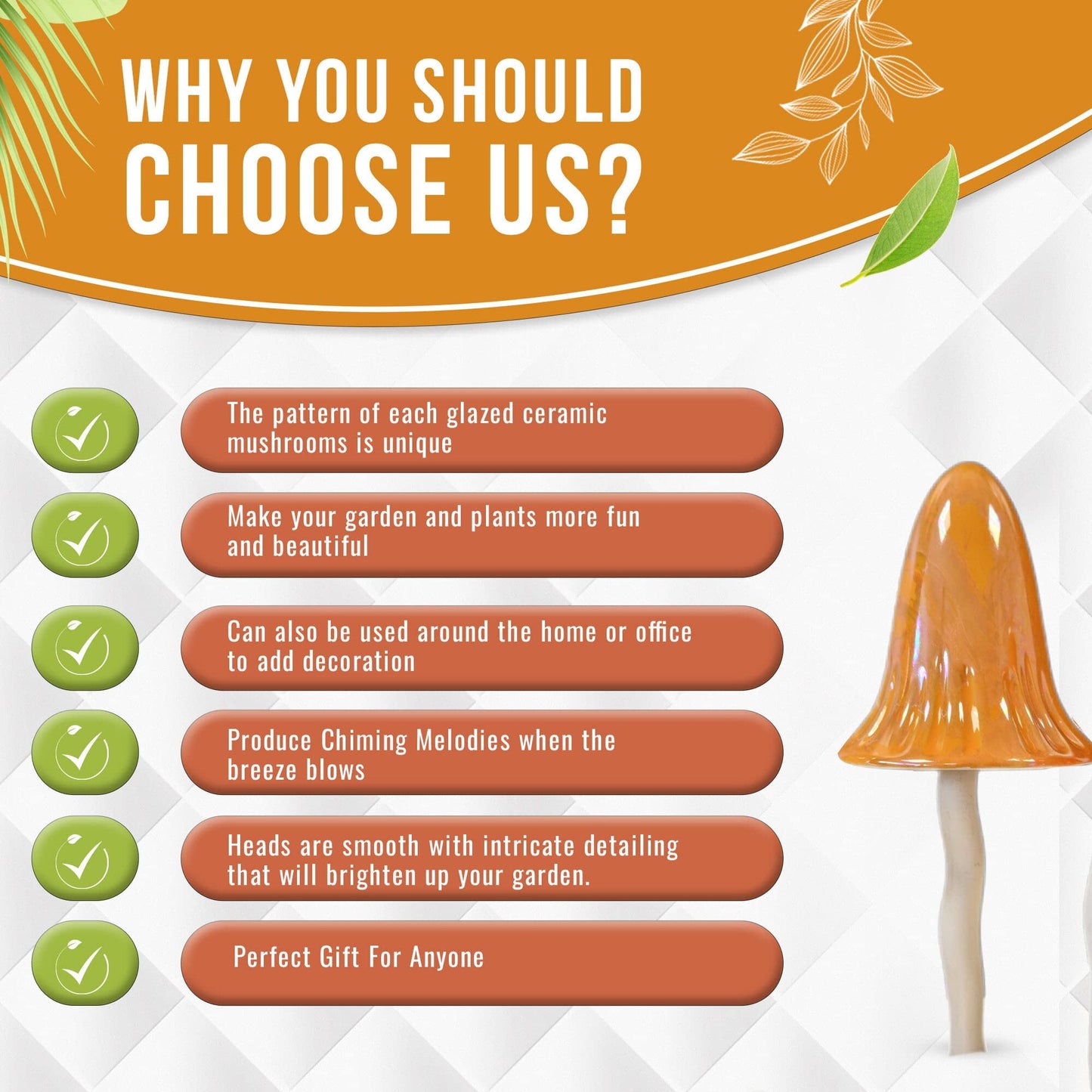 HH Home Hut Tinkling Ceramic Toadstools - Colourful Garden Ornaments, Mushrooms Plant Pot Set of 3 Outdoor Decor, Kids Gardening Set Fairy Garden Large Accessory (Yellow, Red, Orange)