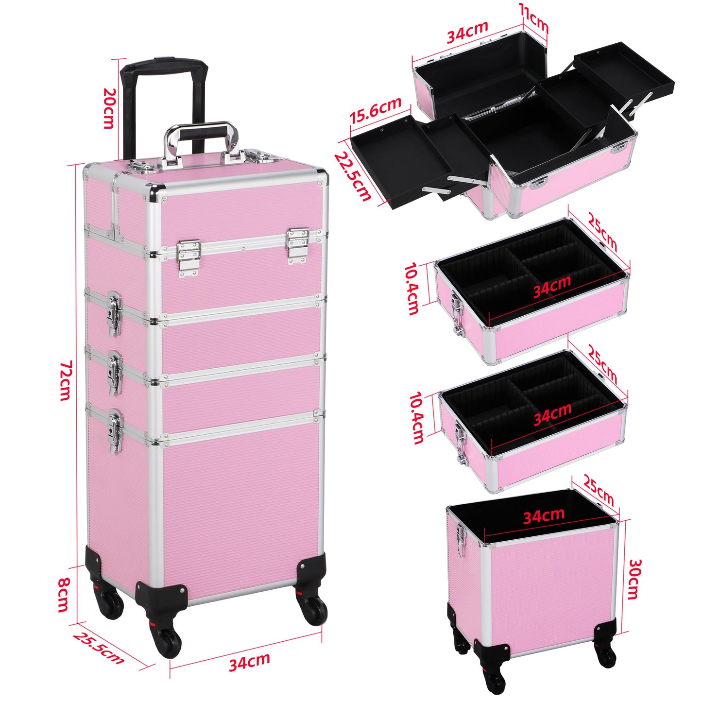 Yaheetech 4 in 1 Beauty Case Rolling Cosmetics Organiser Makeup Vanity Case Lockable Hairdressing Trolley Pink