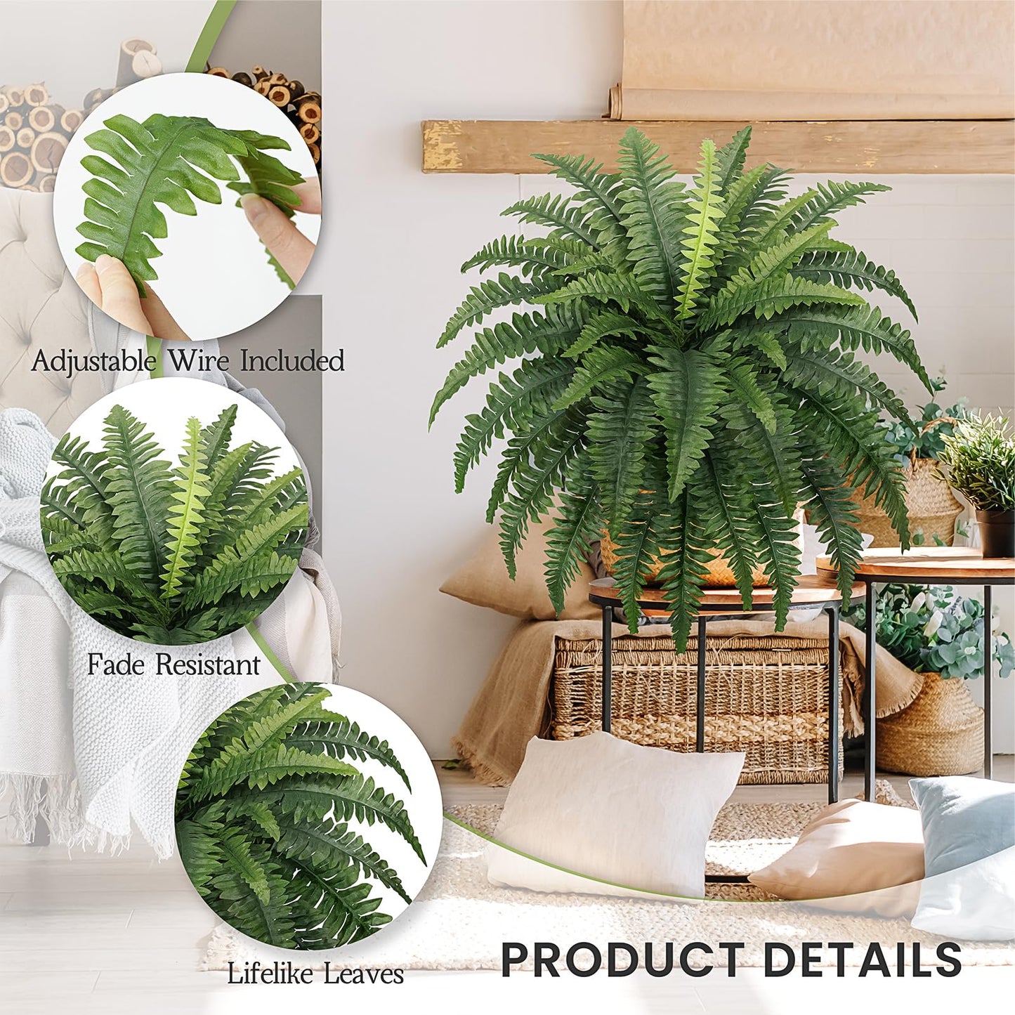 FOREST PRINCE 2 PCS Artificial Boston Fern Outdoor, 33In Fake Bush Plants Large for Indoors, Home Decor, Windowsill, Garden Decorations (39 Fronds)