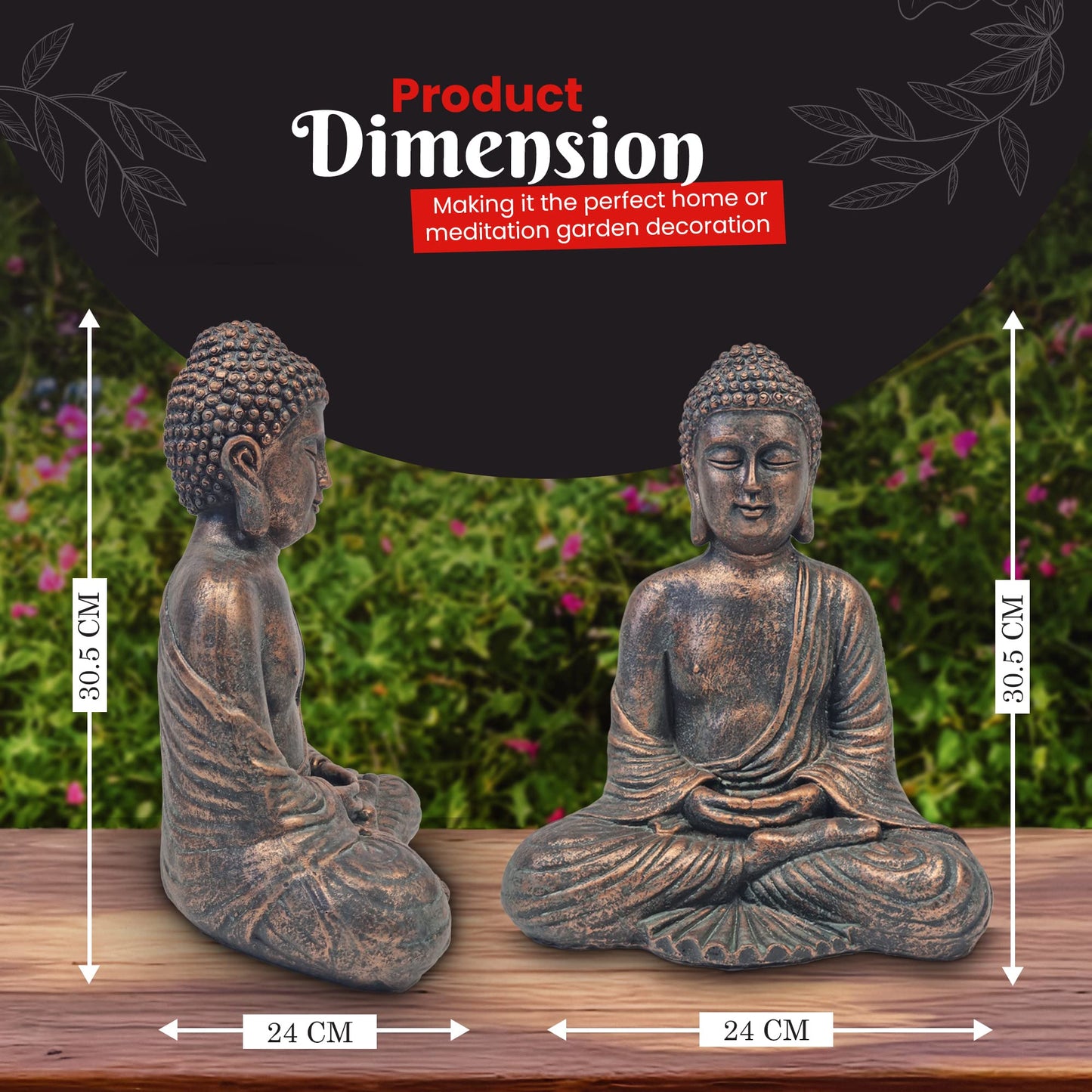 Sitting Buddha Garden Ornament Outdoor Statue Indoor Home Decor Bronzed Effect Figurine Table top Thai Meditating Décor Zen Weather Resistant 25cm Tall