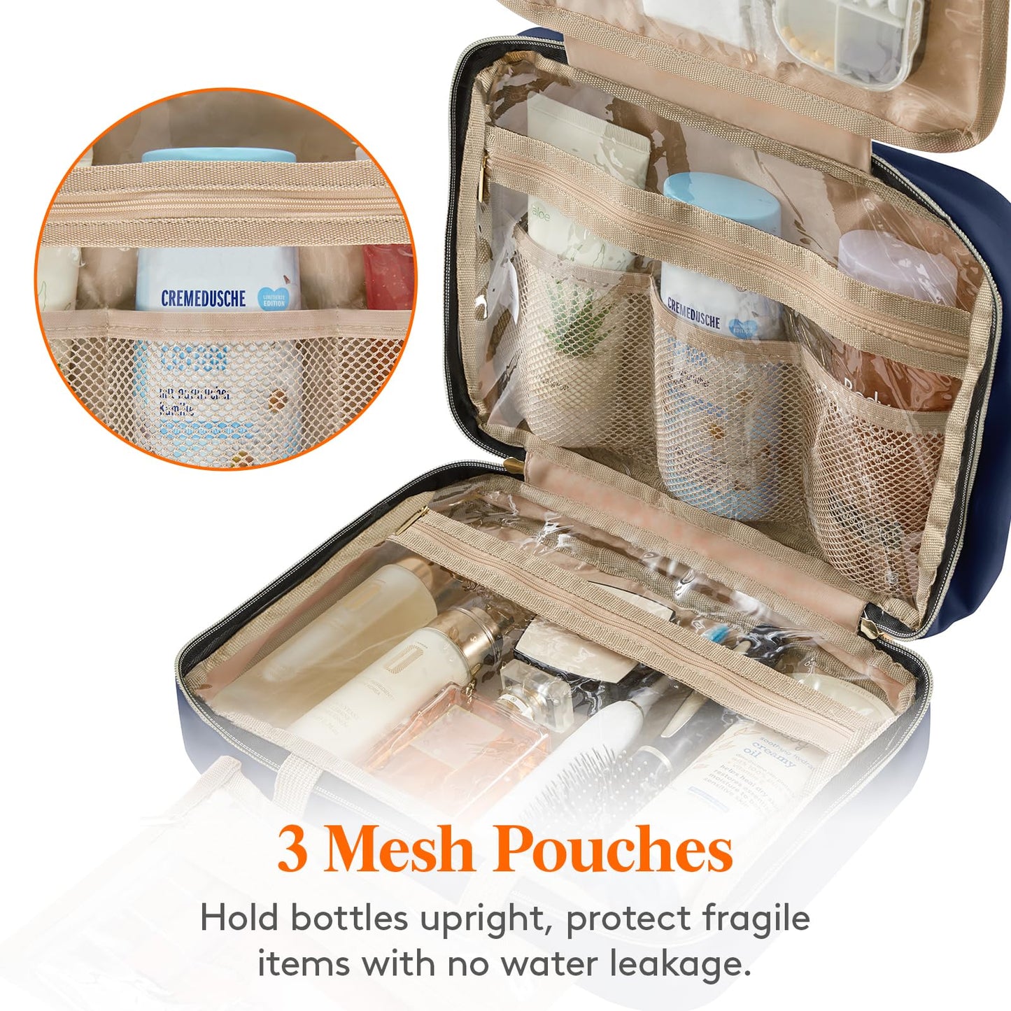 Lifewit Travel Toiletry Bag, Large Hanging Makeup Bag Organizer for Women, Transparent Travel Cosmetic Bag with Hanging Hook for Full Size Bottles, Vacation Essentials, Medium,Dark Blue