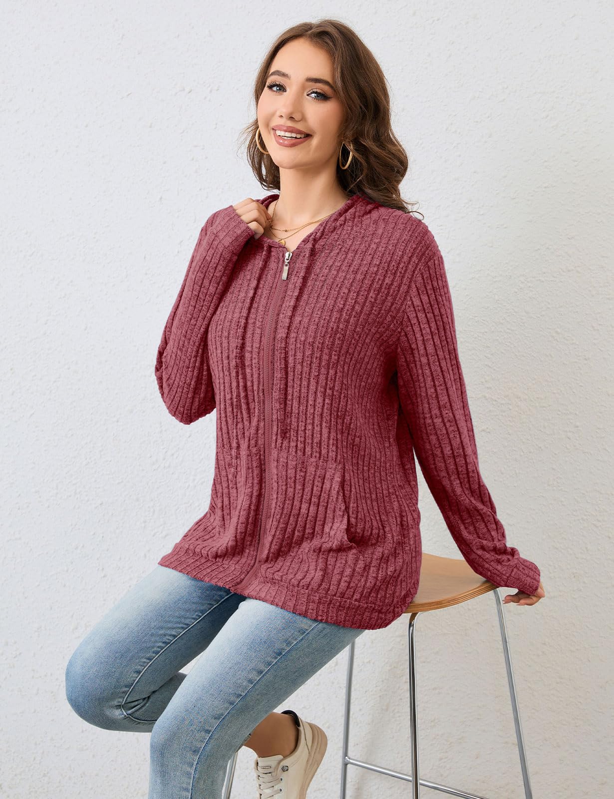 Flikity Womens Cardigans Zip Up Ladies Hoodies with Large Pockets Long Sleeve Tunic Tops Ladies Lightweight Jackets Casual Work Clothes M-XXL