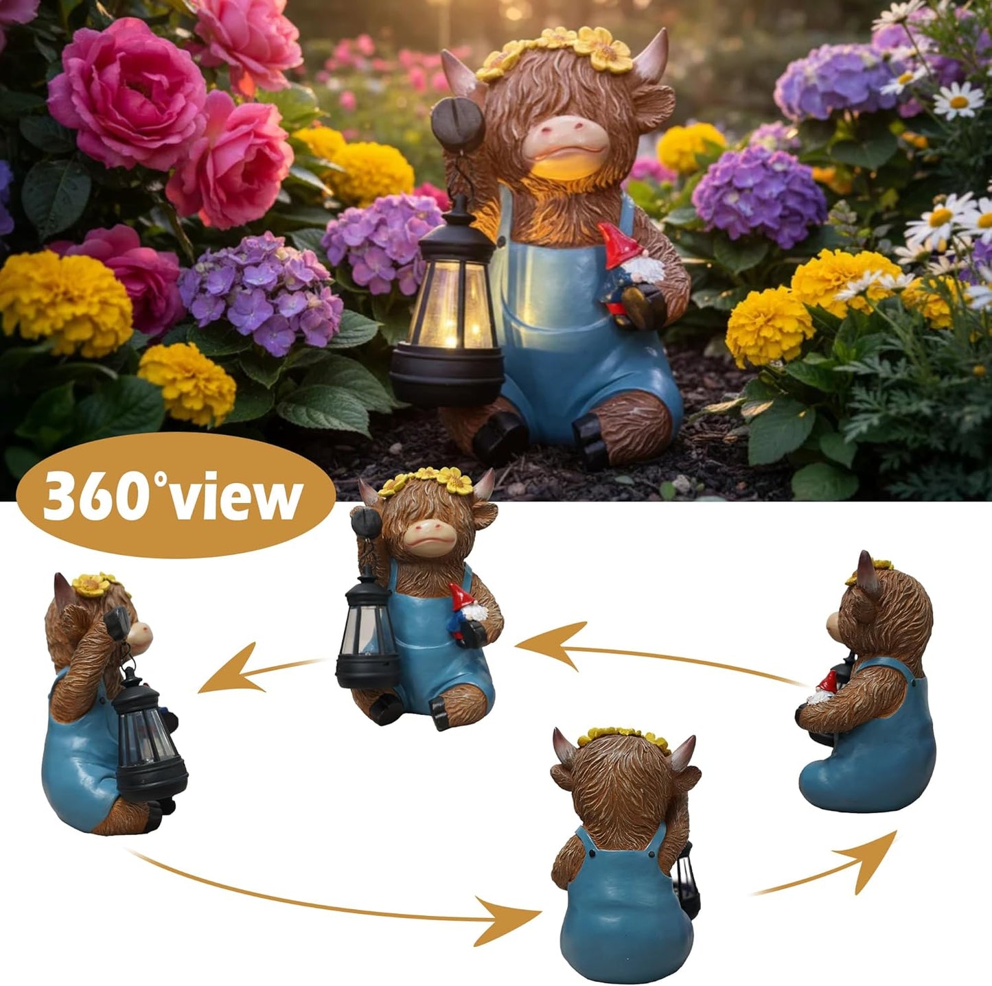 Highland Cow Garden Ornaments Outdoor- Solar Highland Cow Ornaments Statues Wear Blue Pants with Lantern and Gnome, Garden Decor with Sunflowers for Yard, Lawn, Patio, Home, Birthday Gifts for Women