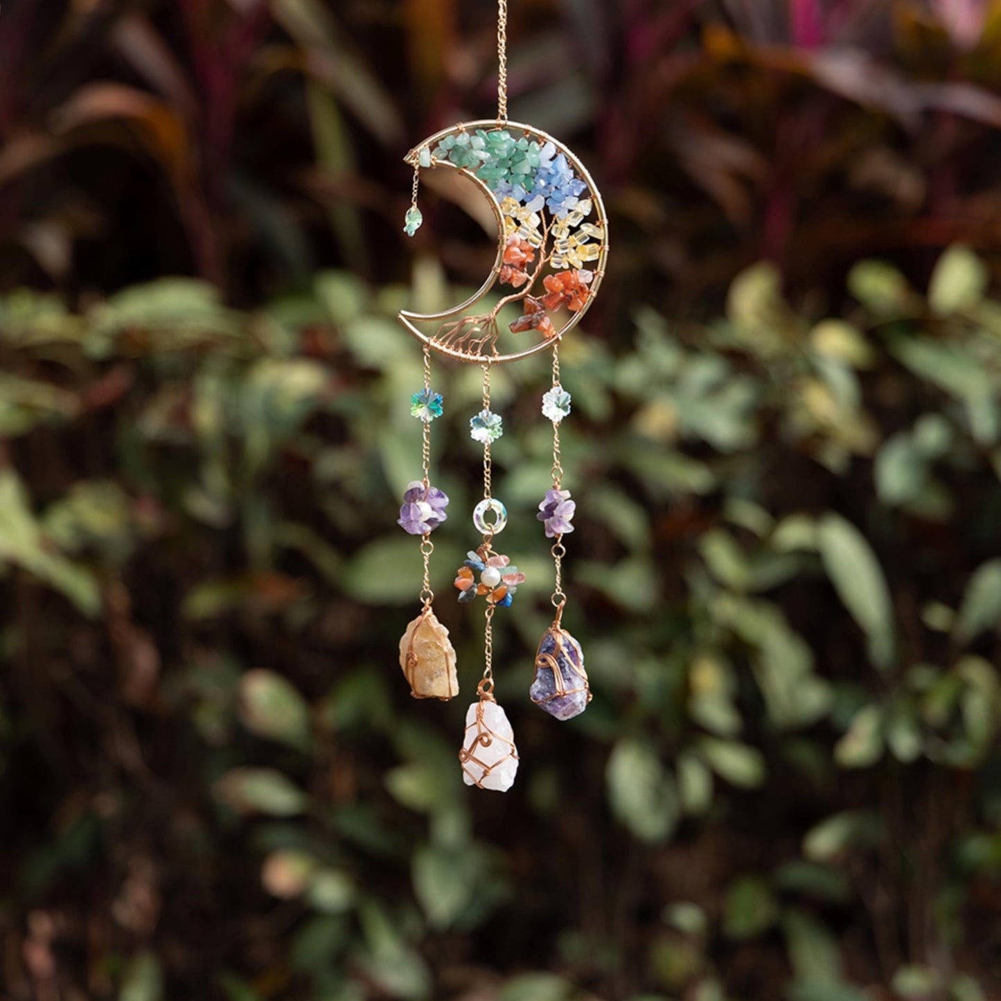 Moon Crystals Tree of Life Dream Catchers,Natural Gem Agate Wall Hangings for Windows Garden Home Décor (New moon shape)