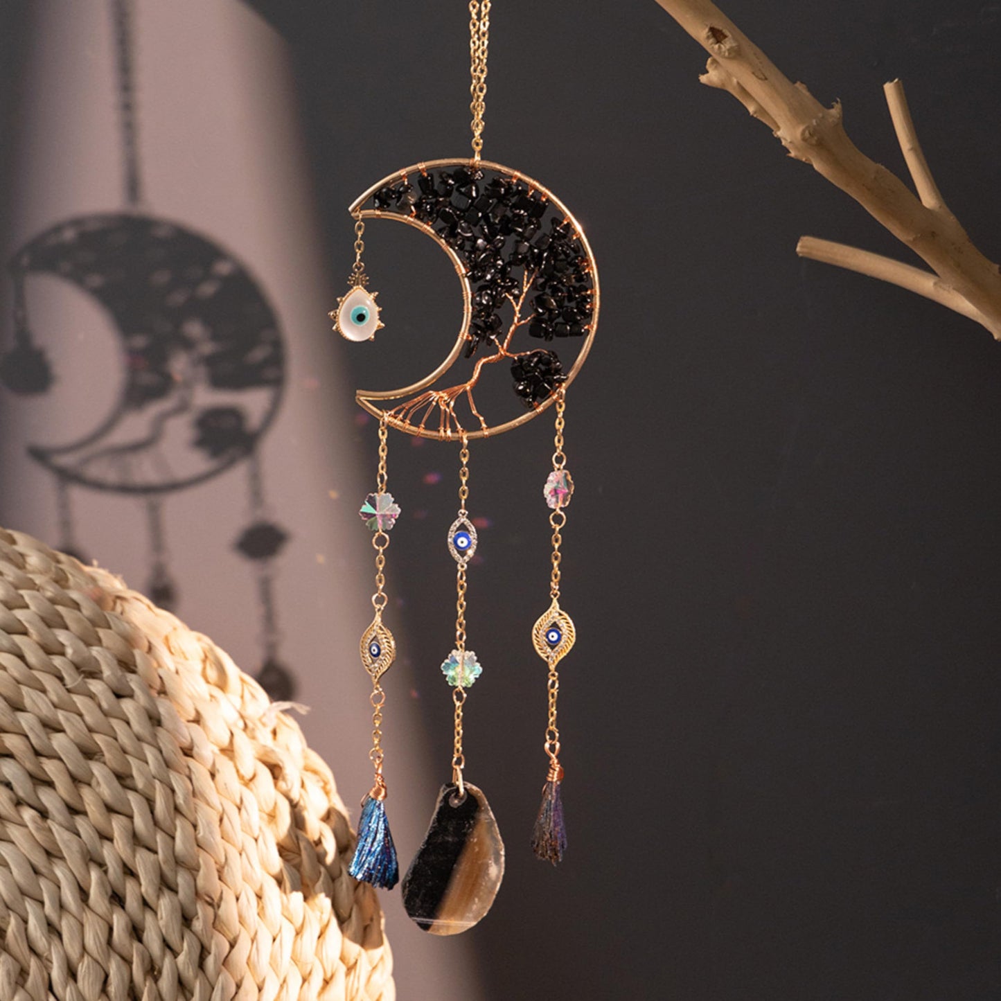 Moon Crystals Tree of Life Dream Catchers,Natural Gem Agate Wall Hangings for Windows Garden Home Décor (New moon shape)