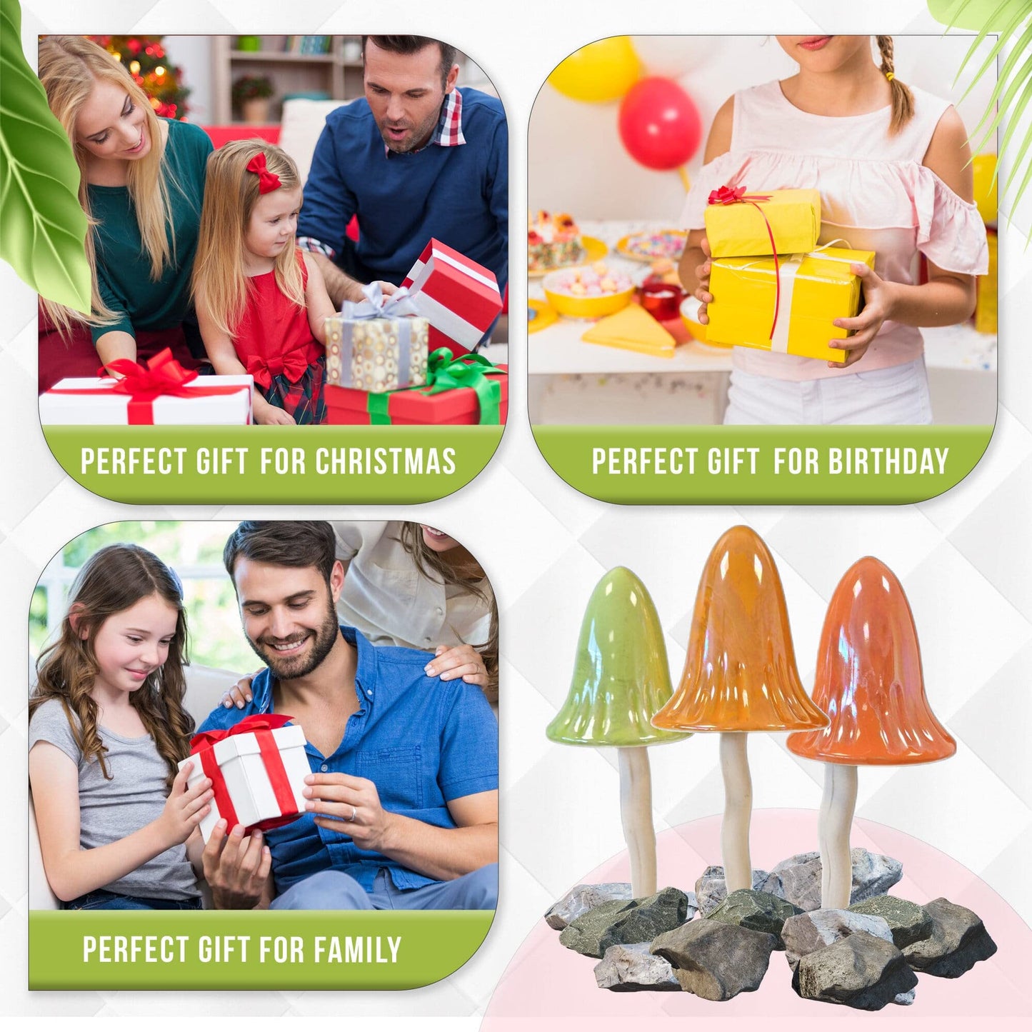 HH Home Hut Tinkling Ceramic Toadstools - Colourful Garden Ornaments, Mushrooms Plant Pot Set of 3 Outdoor Decor, Kids Gardening Set Fairy Garden Large Accessory (Yellow, Red, Orange)