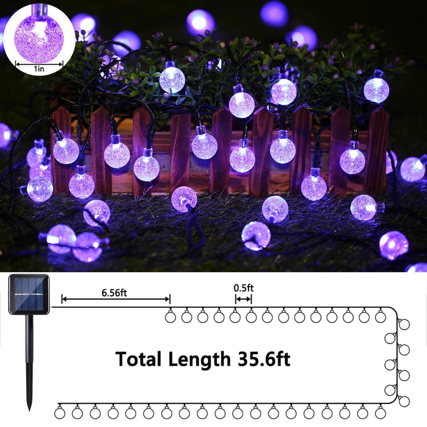 Solar Garden Lights Outdoor, 36ft 60 LED Solar String Lights Waterproof, Solar Powered Crystal Ball Indoor/Outdoor Fairy Lights Decorative for Garden, Patio, Yard, Festival, Parties (White)