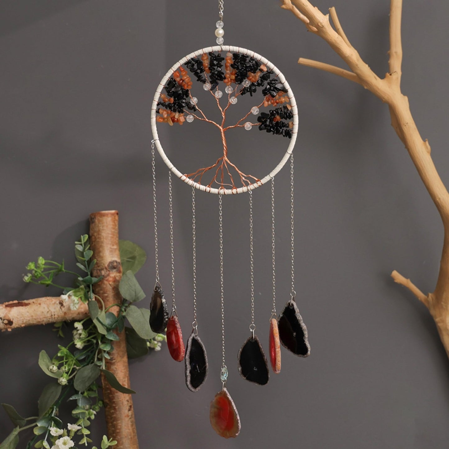 Moon Crystals Tree of Life Dream Catchers,Natural Gem Agate Wall Hangings for Windows Garden Home Décor (New moon shape)