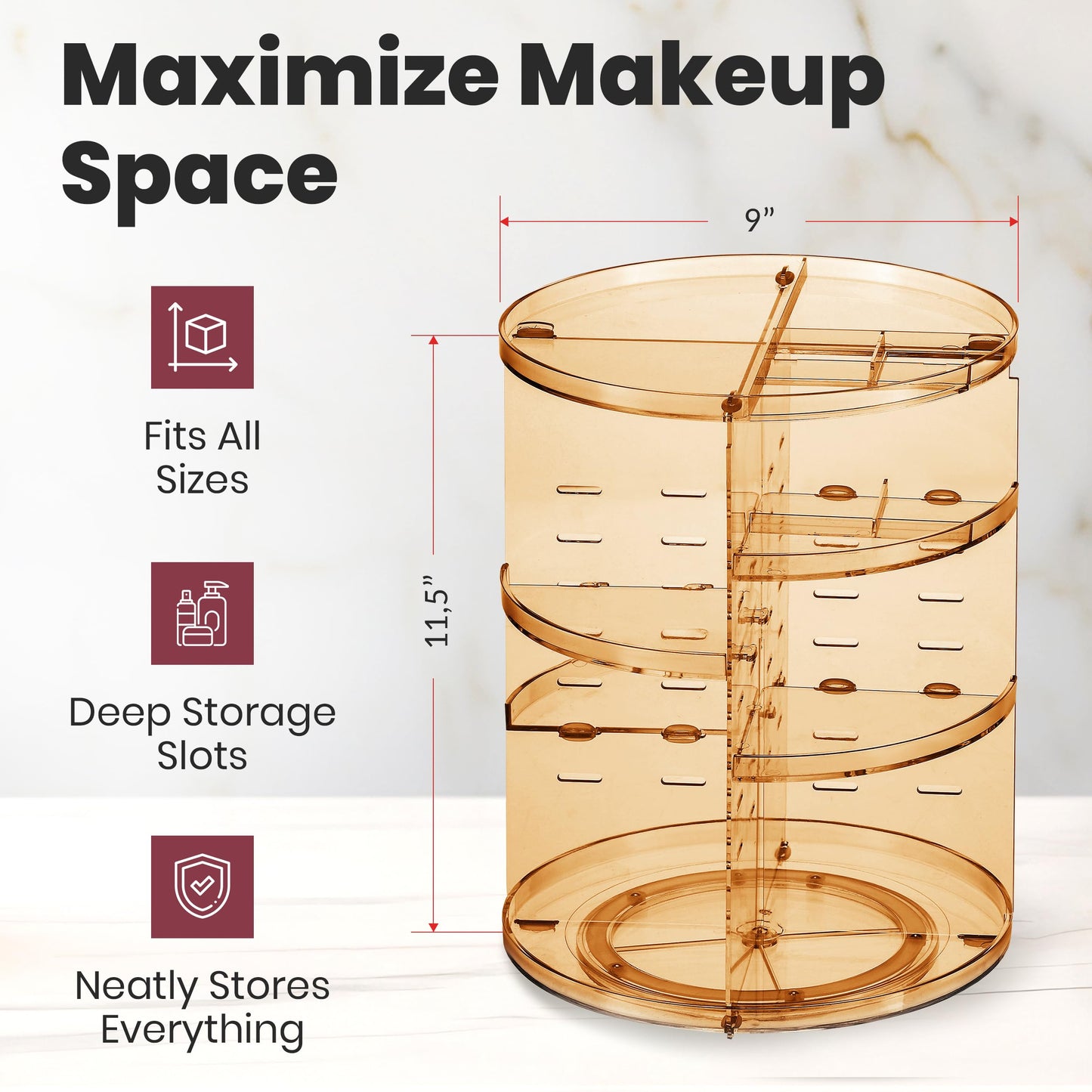 360 Rotating Makeup Organizer - Adjustable Shelf Height and Fully Rotatable. The Perfect Cosmetic Organizer for Bedroom Dresser or Vanity Countertop. (Black)