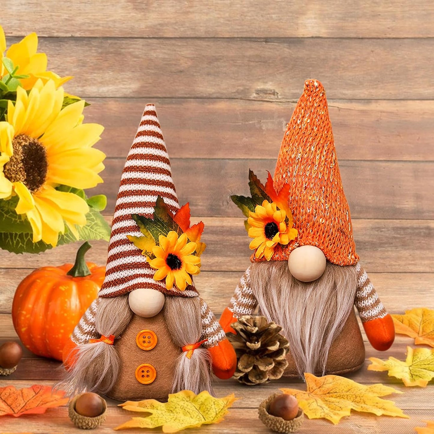 Feibety 2Pcs Autumn Gonk Decorations,Fall Harvest Plush Handmade Sunflower Maple Leaf Elf Dwarf Decor for Home Decor,Handmade Harvest Themed Decor for Farmhouse Holiday Home Kitchen Party
