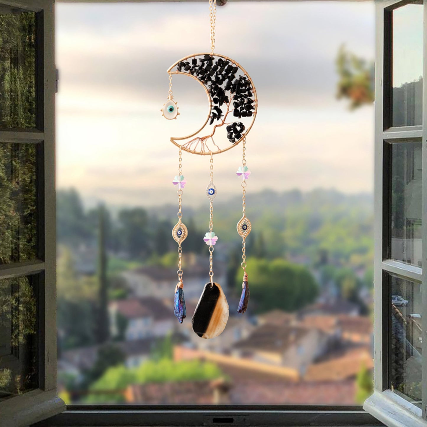 Moon Crystals Tree of Life Dream Catchers,Natural Gem Agate Wall Hangings for Windows Garden Home Décor (New moon shape)