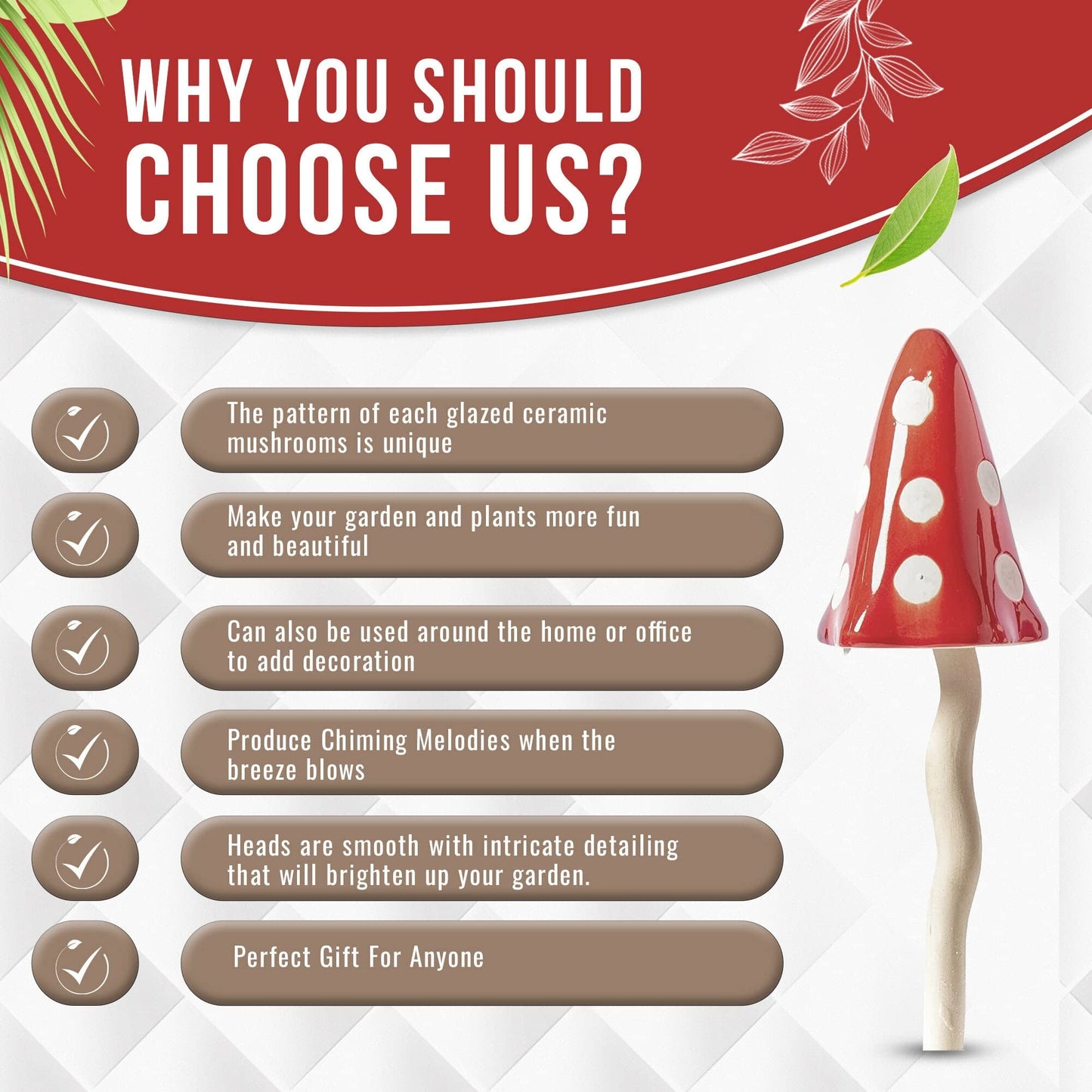 HH Home Hut Tinkling Ceramic Toadstools - Colourful Garden Ornaments, Mushrooms Plant Pot Set of 3 Outdoor Decor, Kids Gardening Set Fairy Garden Large Accessory (Yellow, Red, Orange)