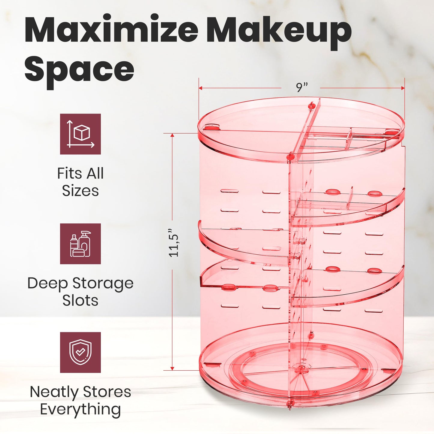 360 Rotating Makeup Organizer - Adjustable Shelf Height and Fully Rotatable. The Perfect Cosmetic Organizer for Bedroom Dresser or Vanity Countertop. (Black)