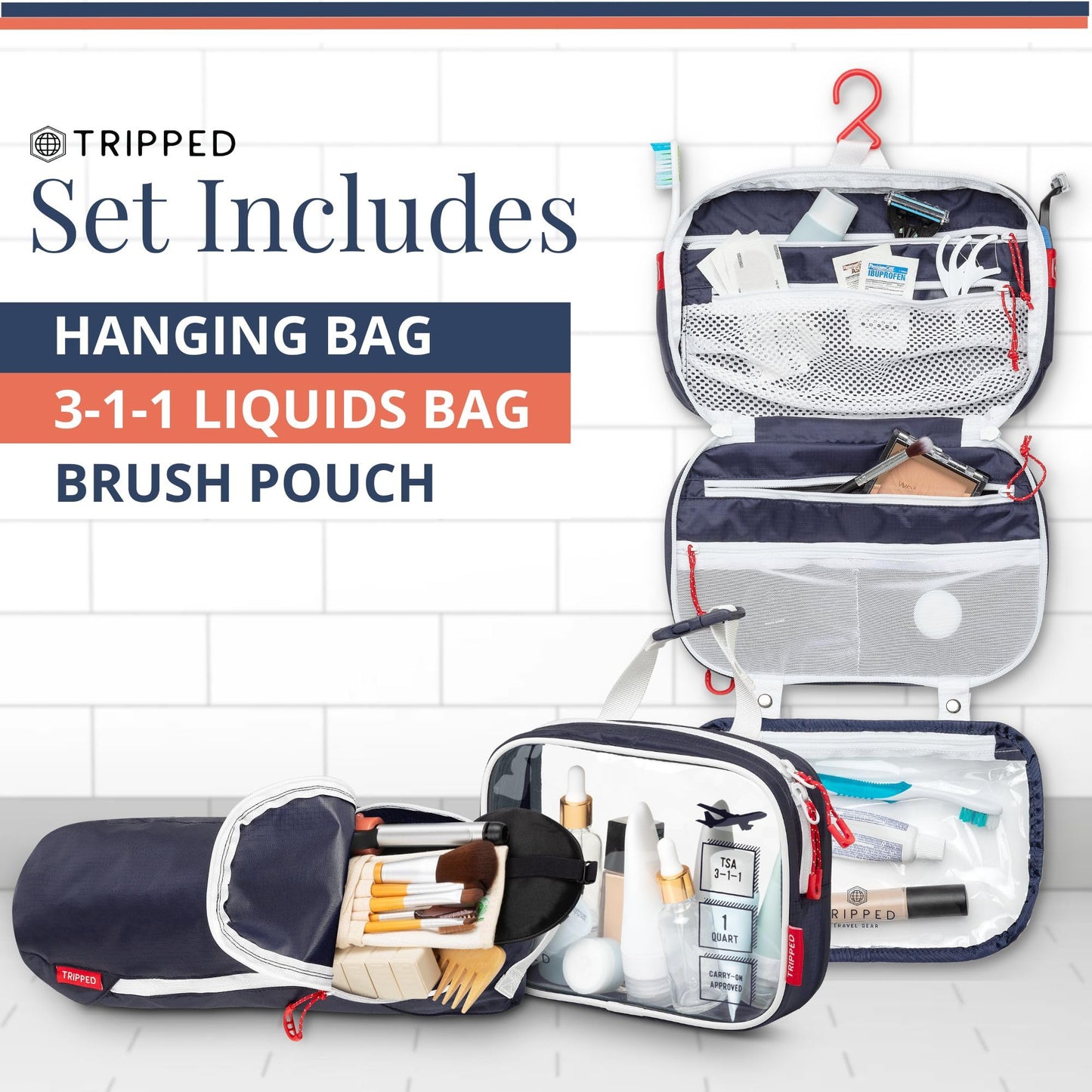 Toiletry Bag Kit Set: Hanging Travel Toiletry Bag + 311 TSA Cosmetic Liquid Bag + Ultralight Accessory Organizer Pouch, Navy, 3 Piece Toiletry Set