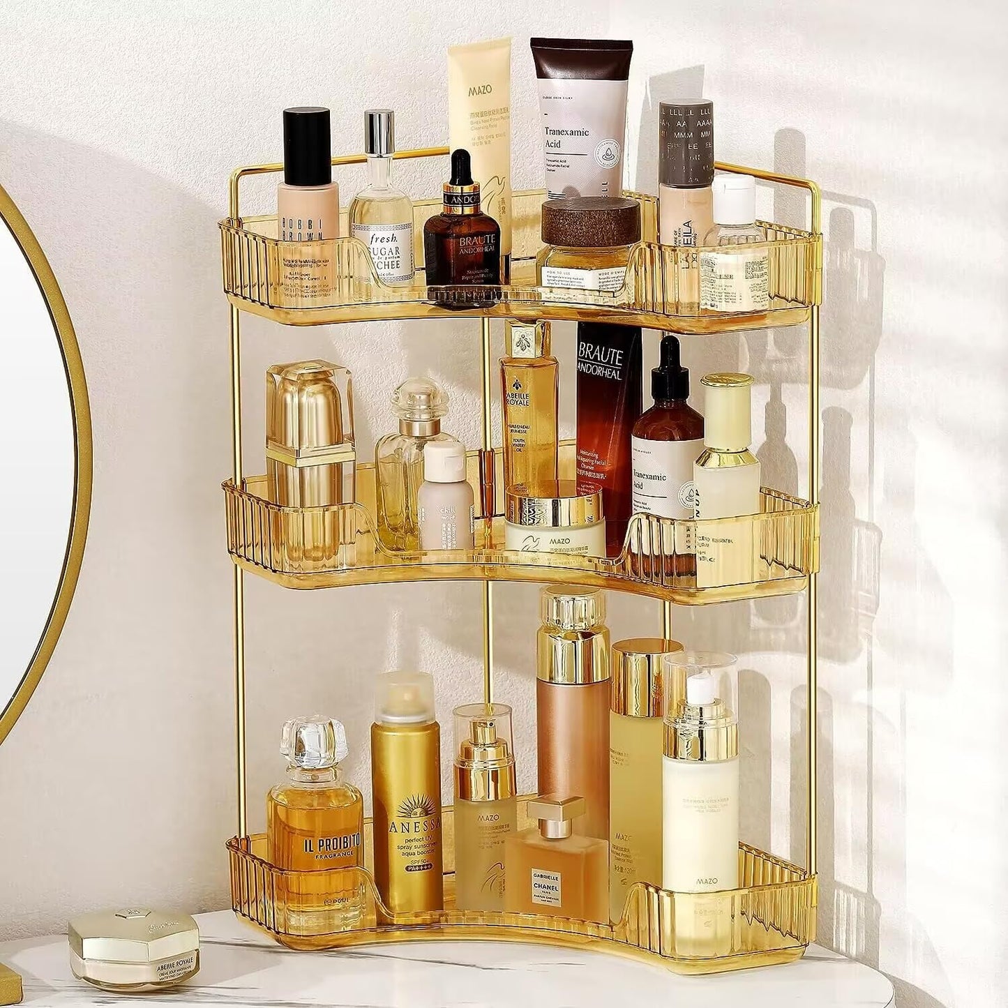 Bingobang Makeup Organiser Corner Trays, 3 Tiers Skincare Cosmetic Organizer Acrylic Large, Storage Tidy for Lipstick, Nail Care, Perfume, Brush, Vanity Dresser, Bedroom, Kitchen, Bathroom(Grey)