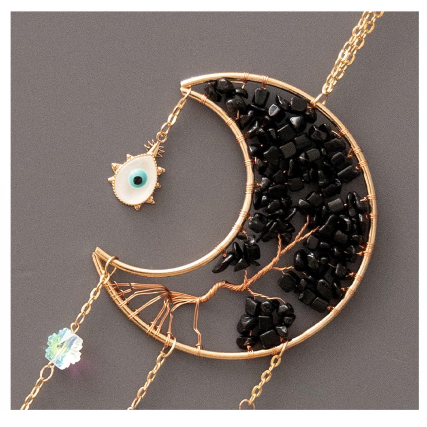 Moon Crystals Tree of Life Dream Catchers,Natural Gem Agate Wall Hangings for Windows Garden Home Décor (New moon shape)