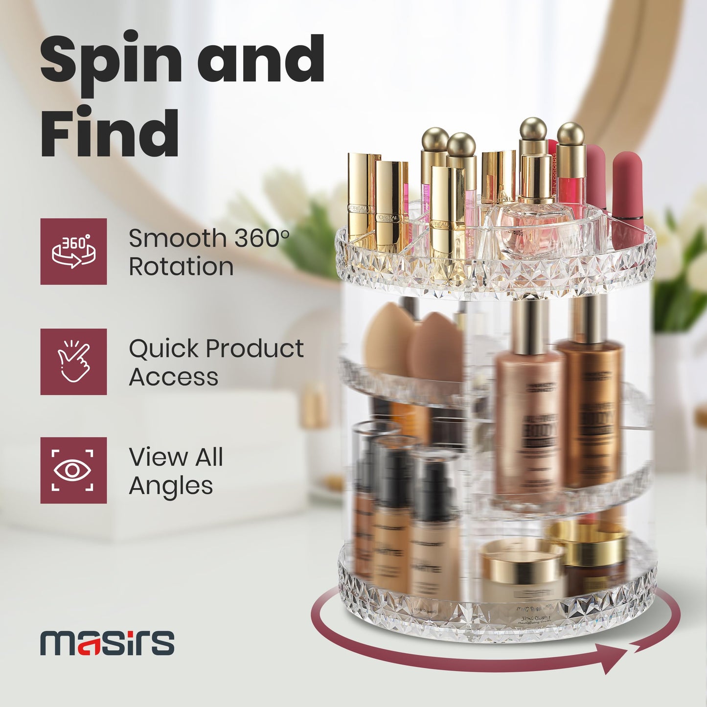 360 Rotating Makeup Organizer - Adjustable Shelf Height and Fully Rotatable. The Perfect Cosmetic Organizer for Bedroom Dresser or Vanity Countertop. (Black)