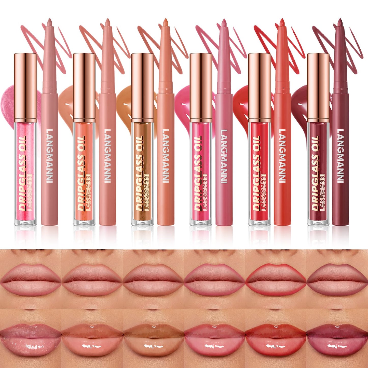 12 Pcs Hydrating Lip Oils + Lip Liner Pencil Combo Sets, Nude Lipliner Glass Lip Glosses Long Lasting Non-Fading Waterproof Lip Makeup Set Gift For Women