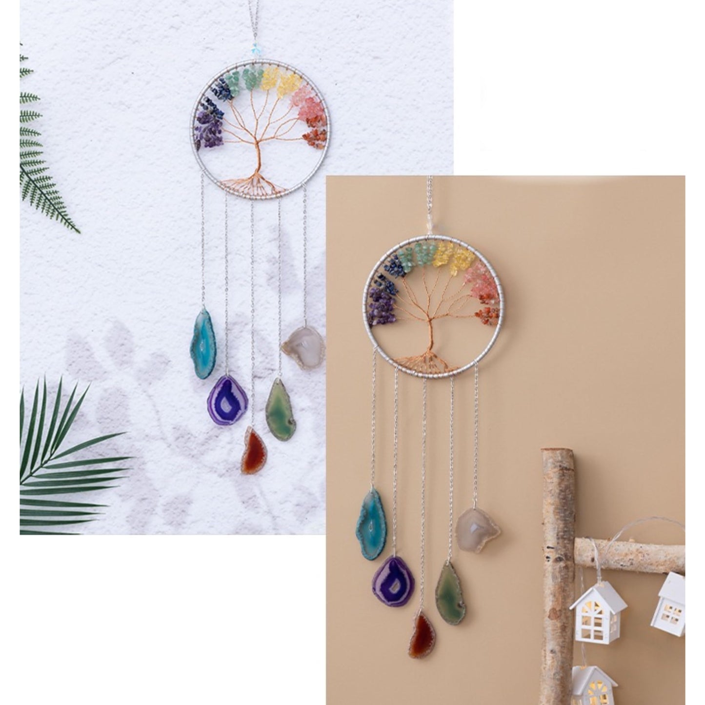 Moon Crystals Tree of Life Dream Catchers,Natural Gem Agate Wall Hangings for Windows Garden Home Décor (New moon shape)