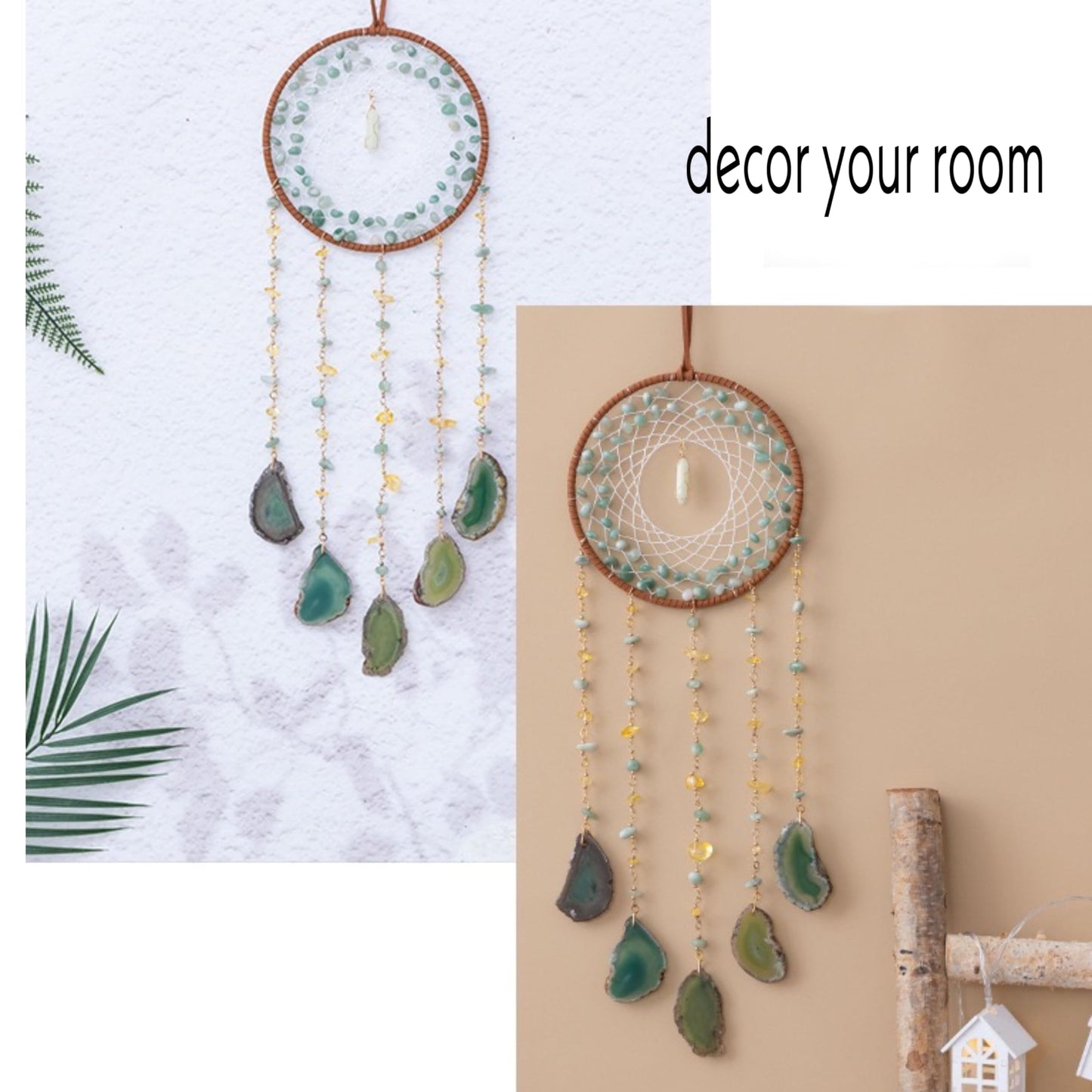 Moon Crystals Tree of Life Dream Catchers,Natural Gem Agate Wall Hangings for Windows Garden Home Décor (New moon shape)