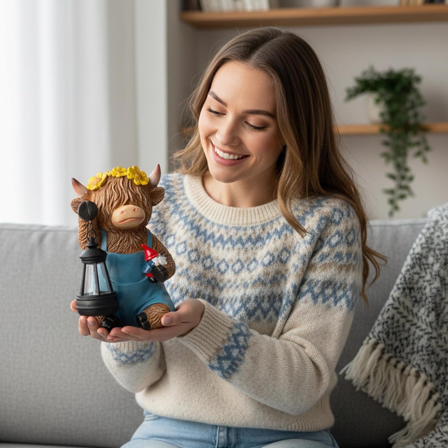 Highland Cow Garden Ornaments Outdoor- Solar Highland Cow Ornaments Statues Wear Blue Pants with Lantern and Gnome, Garden Decor with Sunflowers for Yard, Lawn, Patio, Home, Birthday Gifts for Women